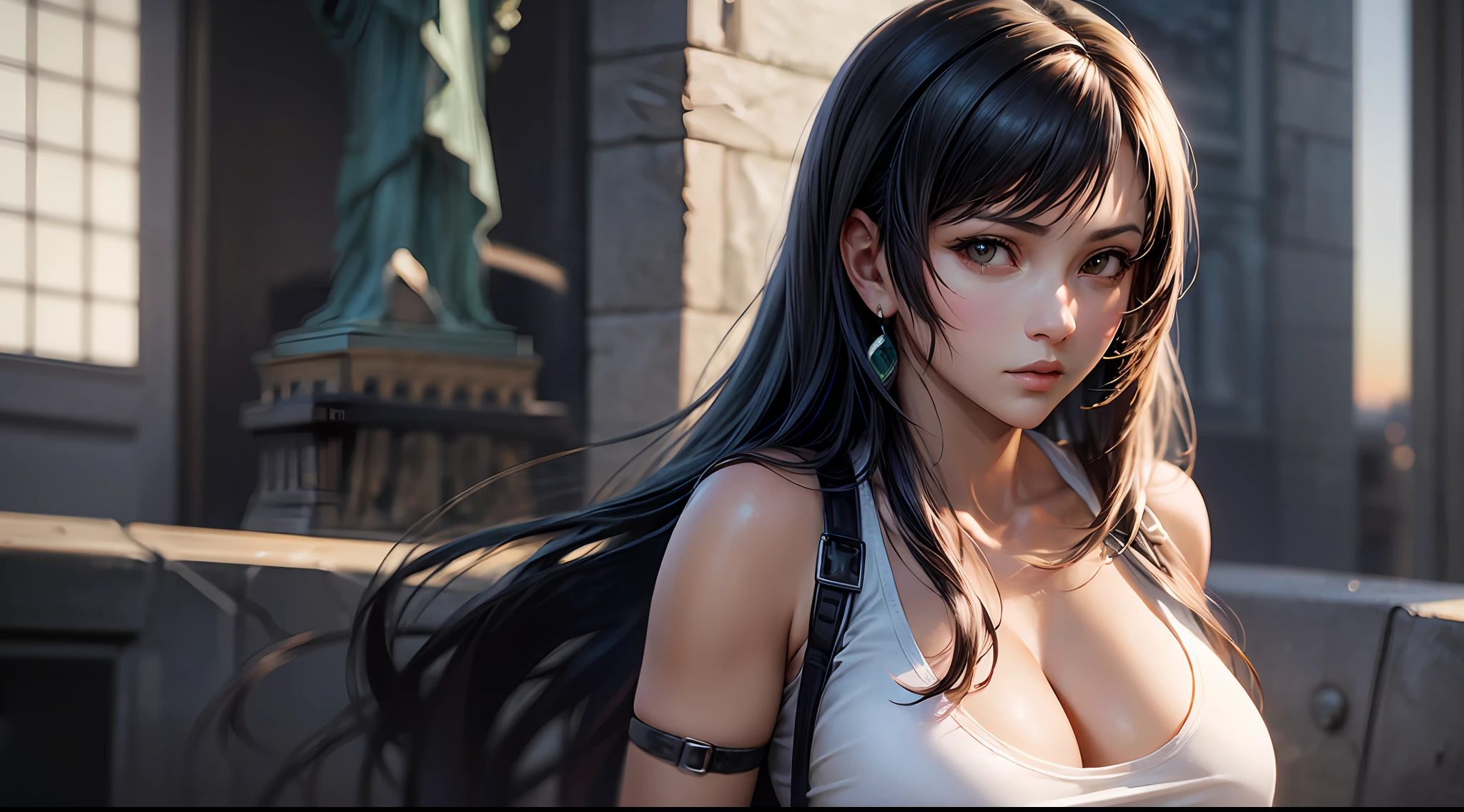 (Final Fantasy 7, Tifa), brown skin, white tank top, (black hair long hair), young, cute, beautiful girl, perfect style, big, emphasizing cleavage, expressionless, realistic, realistic, 8k, very detailed, highest quality, best quality, super high definition, masterpiece, one girl, (background is the American Statue of Liberty),