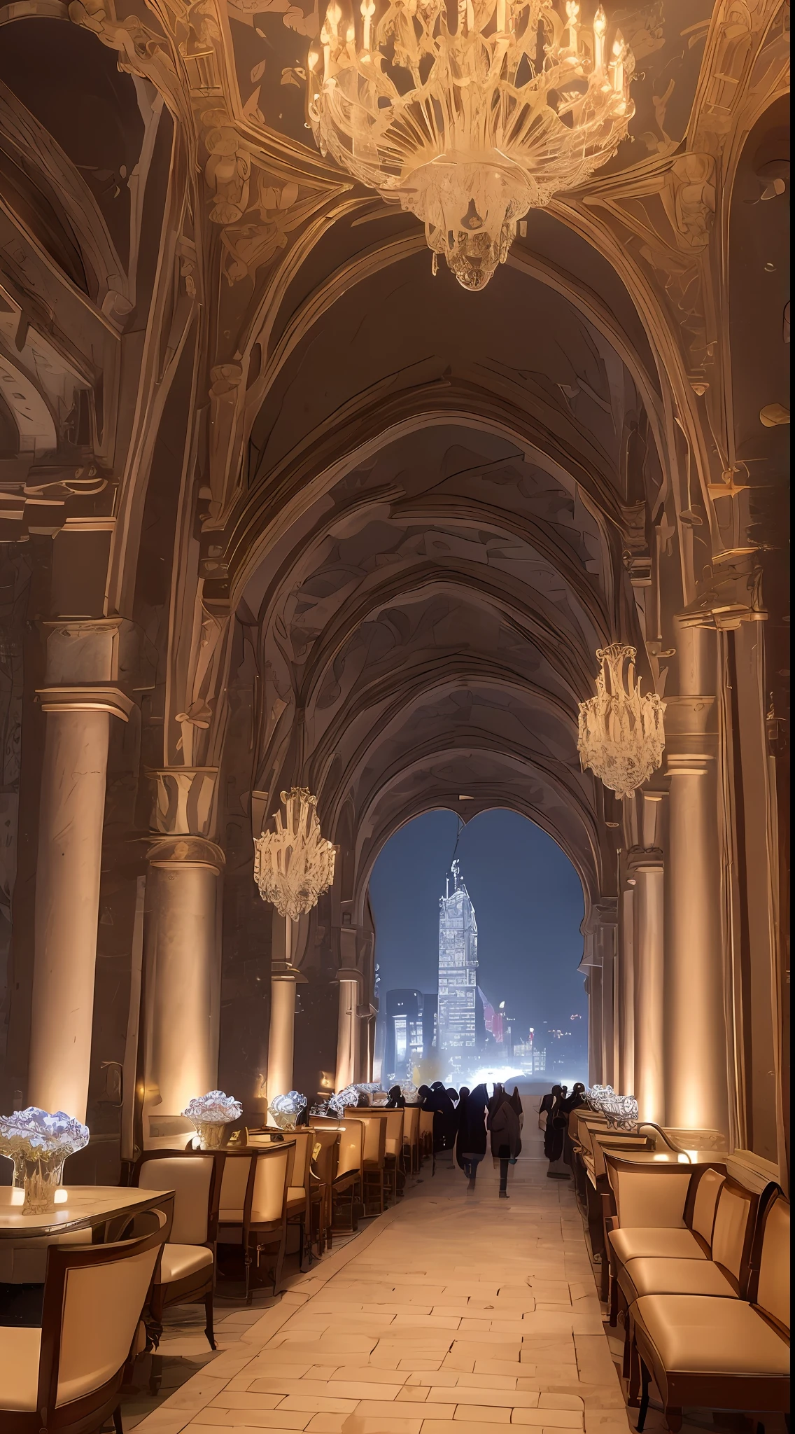 Reception hall held in a high-rise structure of medieval Europe with a lot of lights in the building, street lamps, ((light leaking through the window)), chandelier, crowd, dreamy urban town, amazing wallpaper, ultra realistic photo, european city, night, beautifully illuminated building, evening, aesthetic, photo, cinematic, 8K, high detail