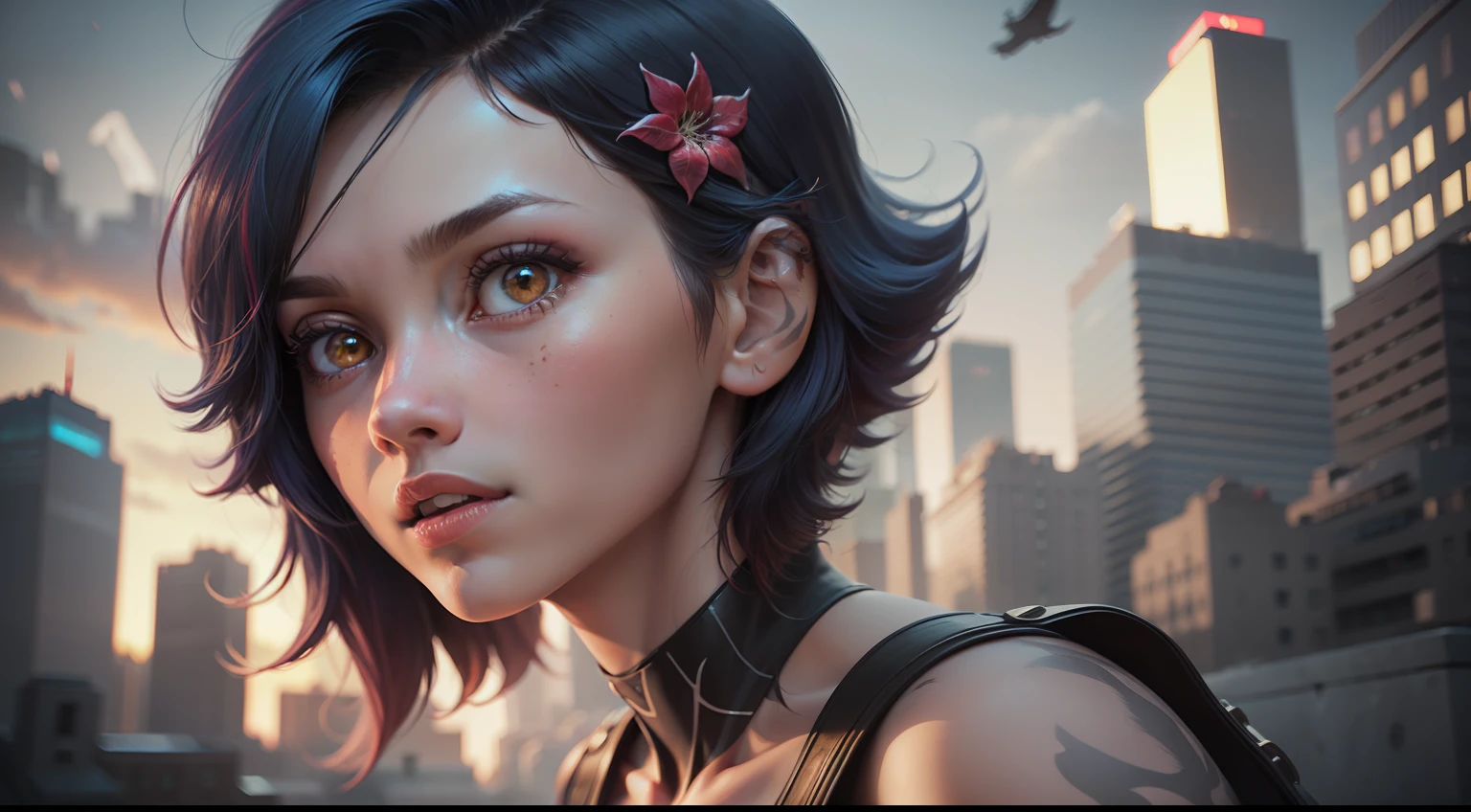 (1girl:1.3), Solo, (((Very detailed face)))), ((Very detailed eyes and face)))), Beautiful detail eyes, Body parts__, Official art, 8k unified wallpaper, Super detailed, beautiful and beautiful, beautiful, masterpiece, best quality, original, masterpiece, super thin photo, best quality, super high resolution, realistic realism, sunlight, short blue hair pink tips, facial marks, hair ornaments,  full body portrait, amazing beauty, dynamic pose, delicate face, vibrant eyes, (from the front), She wears Spider-Man suit, red and black color scheme, spider, very detailed city roof background, roof, with city view, detailed face, detailed complex busy background, messy, gorgeous, milky white, highly detailed skin, realistic skin details,  visible pores, clear focus, volumetric mist, 8k uhd, DSLR, high quality, film grain, light skin, photographic realism, lomography, futuristic dystopian megalopolis, translucent
