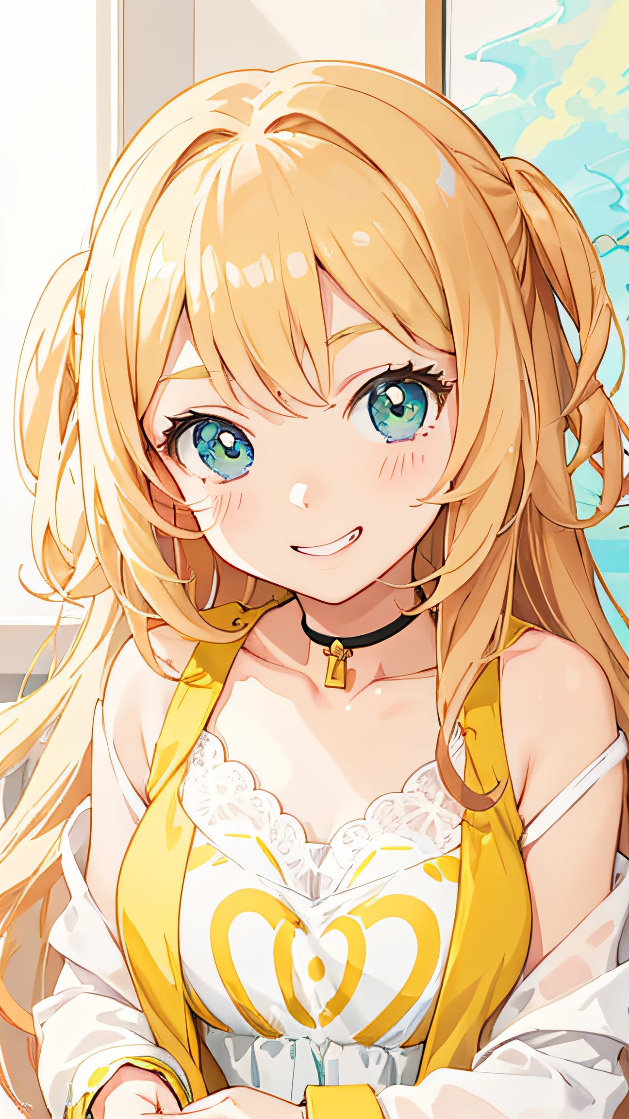 Cartoon picture of a woman with a room and yellow jacket, [[[grin]]]], ecchi anime style, seductive anime girl, long-haired blonde anime girl, little curvy loli, pastel anime illustration, loli, digital anime art,! , loli in dresses, anime girls, 4k, hd