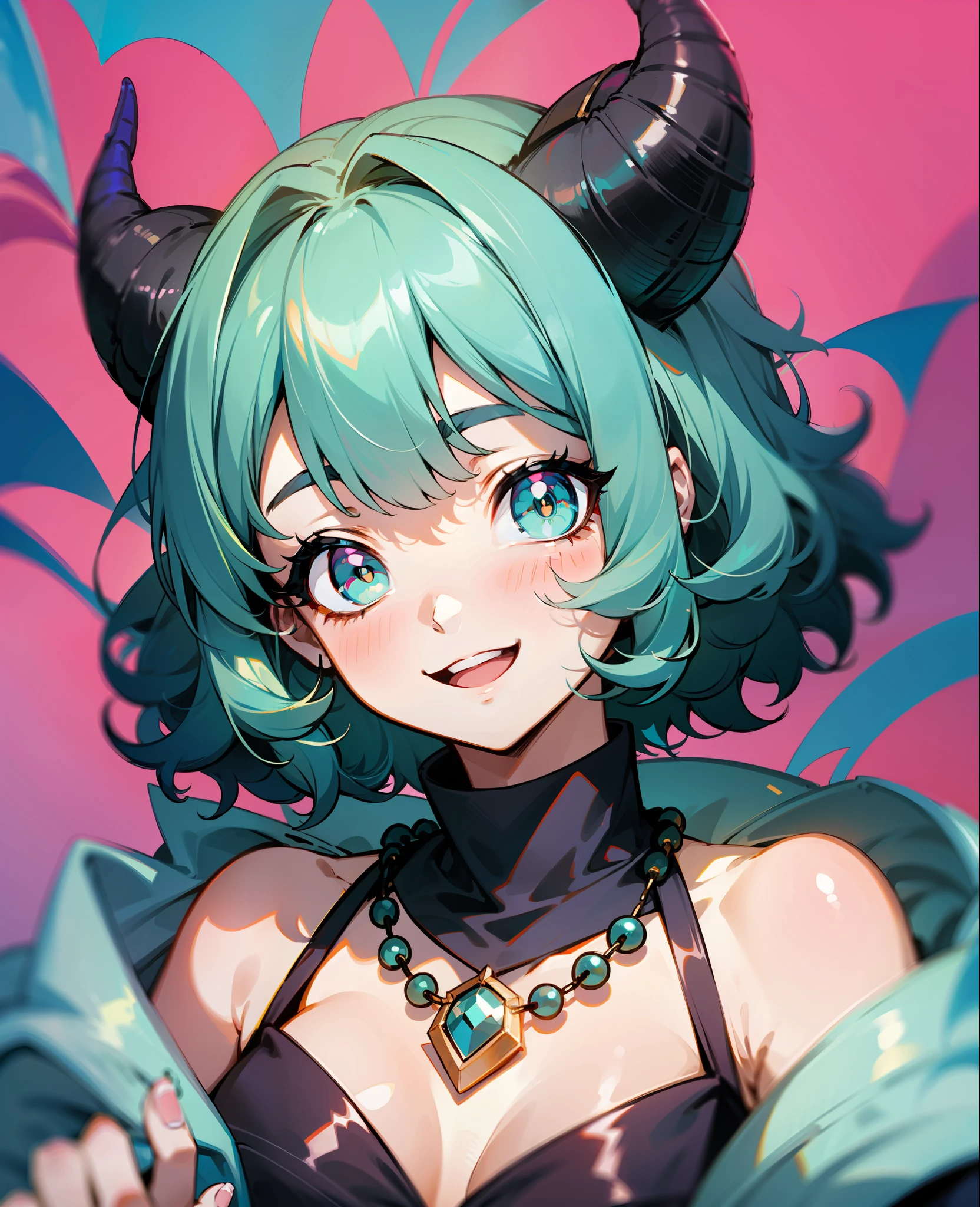 sheep girl, curly and messy hair, (short hair), (cyan hair), (rectangular pupils), blue sheep eyes, black goat horns, wearing a blue overol, with a necklace, with a pink coat on her shoulders, happy, cheerful, smiling, playful, cute, beautiful, dynamic pose, (1girl), female, solo, close up, (half body)