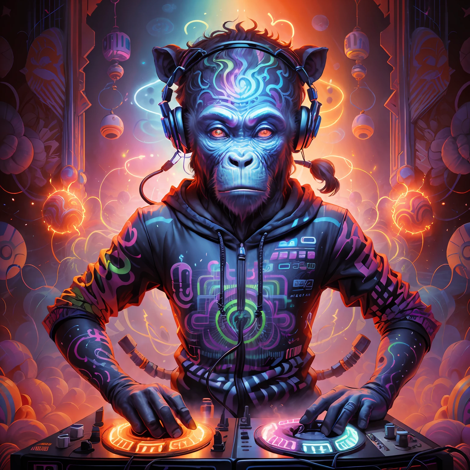 A neopunk DJ chimpanzee unleashes an electrifying and psychedelic performance, captivating the audience with mind-bending beats. The vibrant colors and pulsating rhythms create a hypnotic atmosphere, --auto