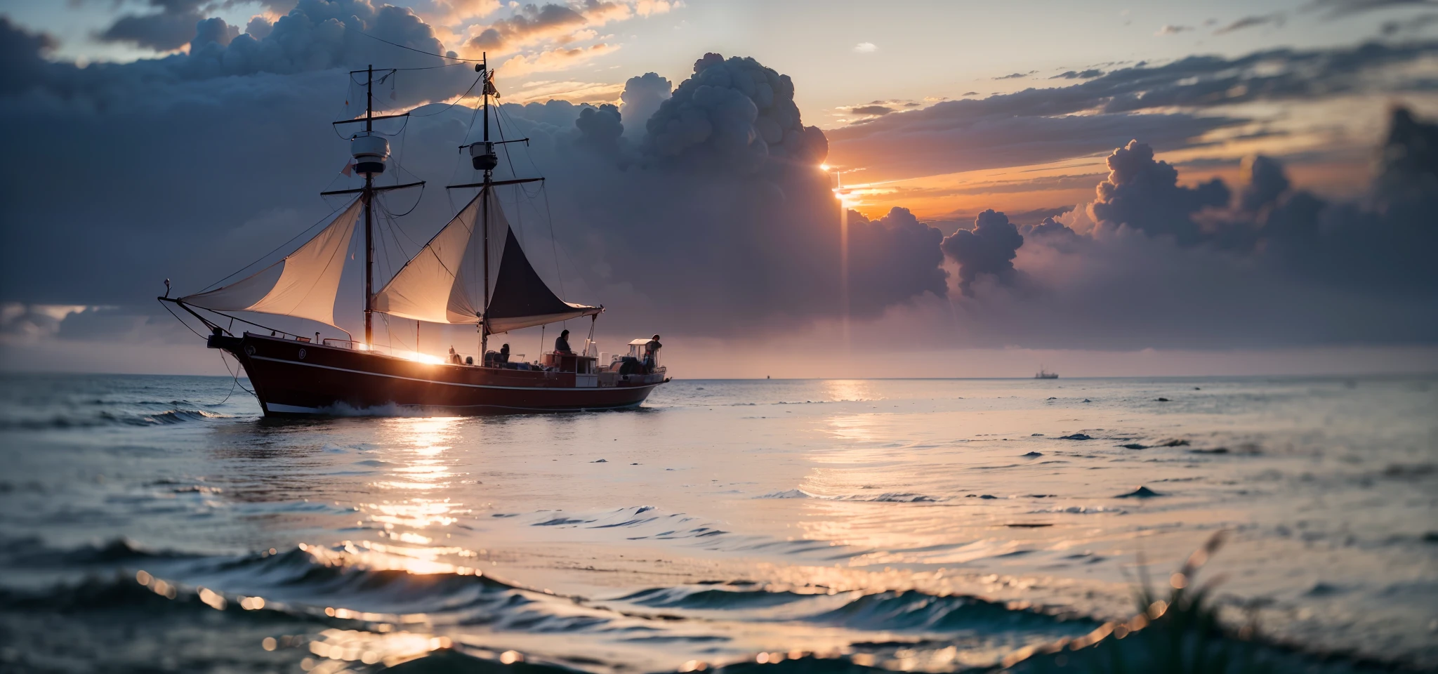 (masterpiece, best quality),(photo genre)in the middle of the sea ,light mist,morning time
