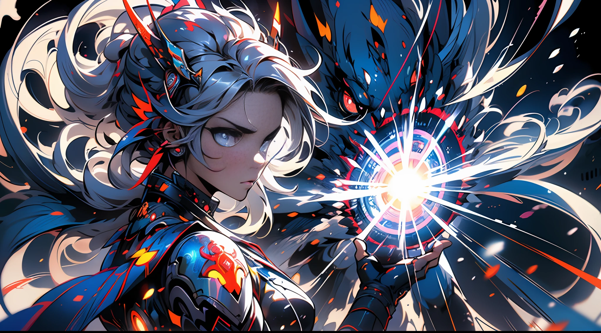 A young girl, long black hair, long ponytail fluttering messily in the wind, expression extremely angry, fierce eyes, detailed pupil color. Dressed in a delicate damask costume, combat action, palm surrounded by blue halo, a fierce dragon in the background looking at the audience, the picture is very impressive, crazy, high detail, action drawing, anime style, surrealism, chiaroscuro, ray tracing, blending, motion lines, optical illusion, character diagram, projection illustration, first-person perspective, denim lens, caustics, ultra hd, masterpiece, ccurate, super detail, high detail, high resolution, 8K