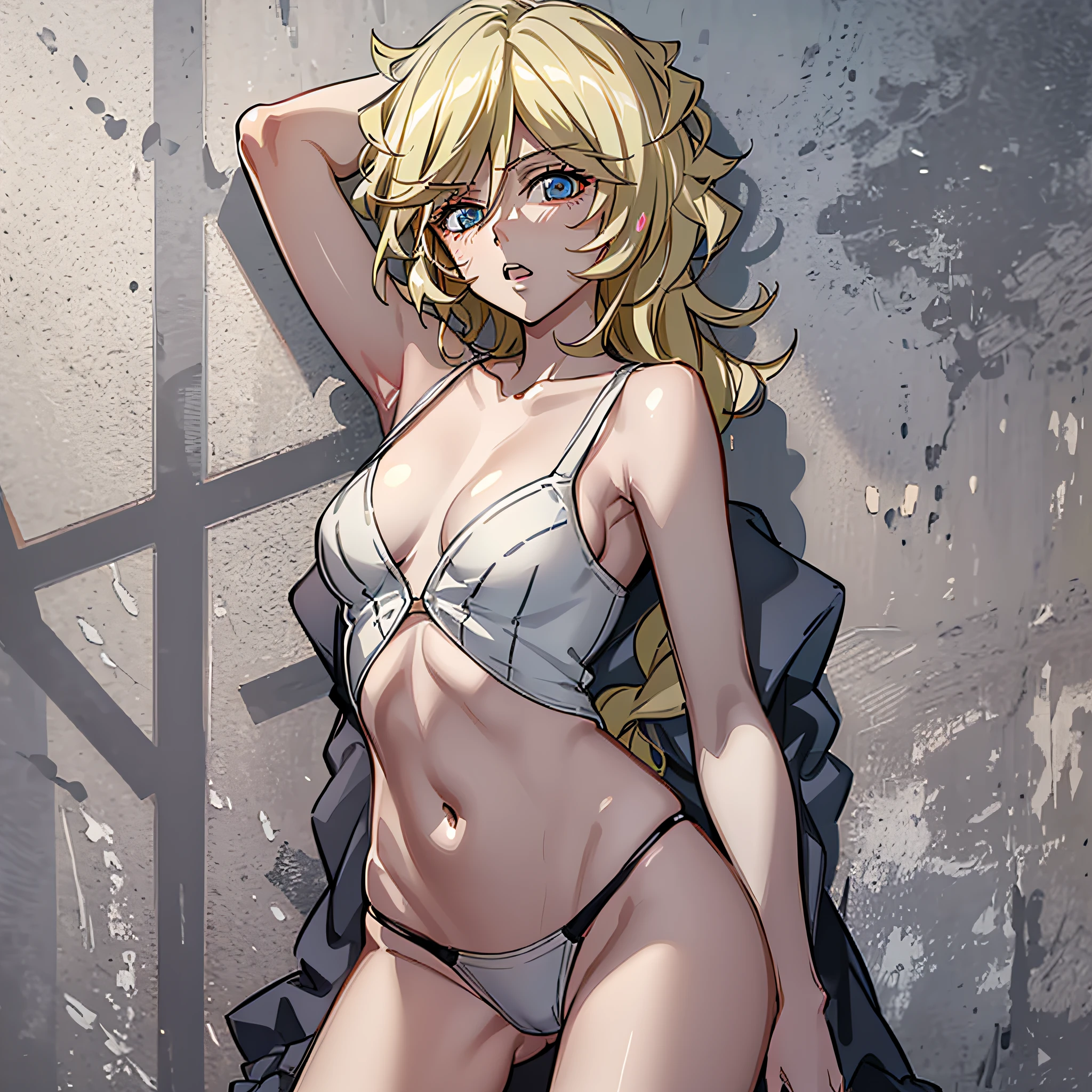 "(Masterpiece, highest quality, super detailed) realistic depiction should be", small, (very, very thin tank top), very light clothes, very transparent clothes, blond hair,