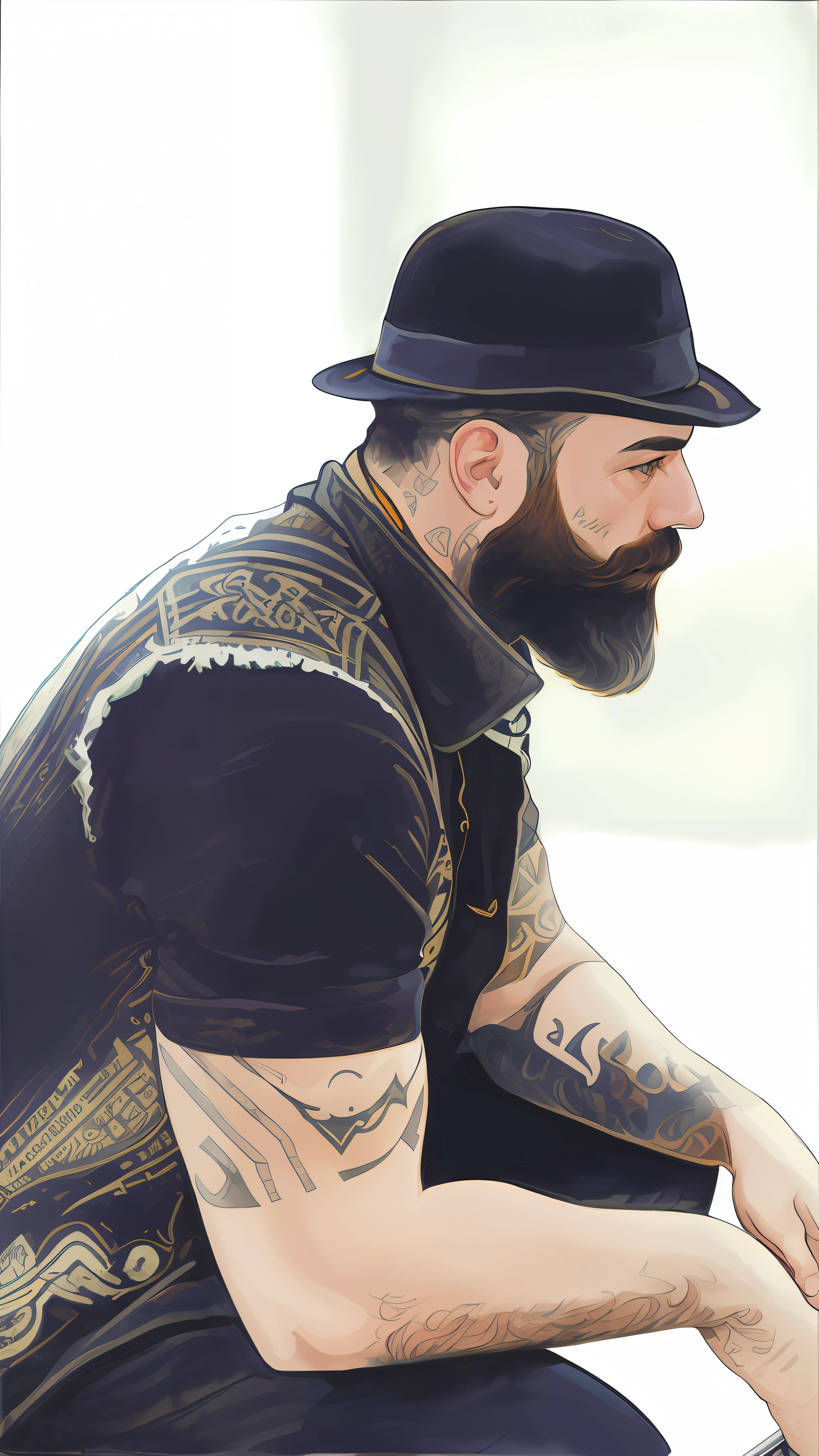 there is a man with a beard and a hat sitting on a skateboard, rugged beard, stylized digital illustration, rugged man portrait, detailed portrait, in style of digital illustration, drawn with photoshop, badass beard, great digital art with details, digital art highly detailed, hand - drawn digital art, dark but detailed digital art, thick beard highly detailed, bearded man