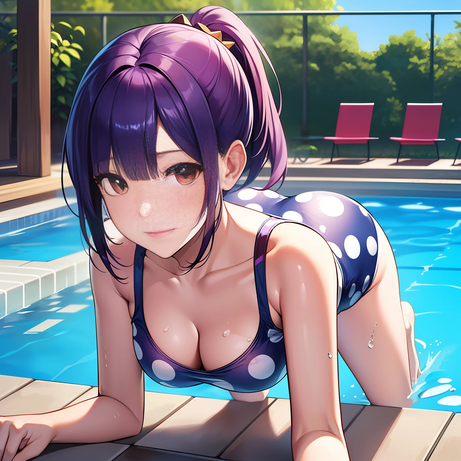 high quality, high resolution, KR1, swimming pool Heart pattern white swimsuit Short Bob Top Quality, High Resolution, KR1, Brown Eyes,Purple Hair, Pool Polka dot swimsuit Ponytail Crawling on all fours
