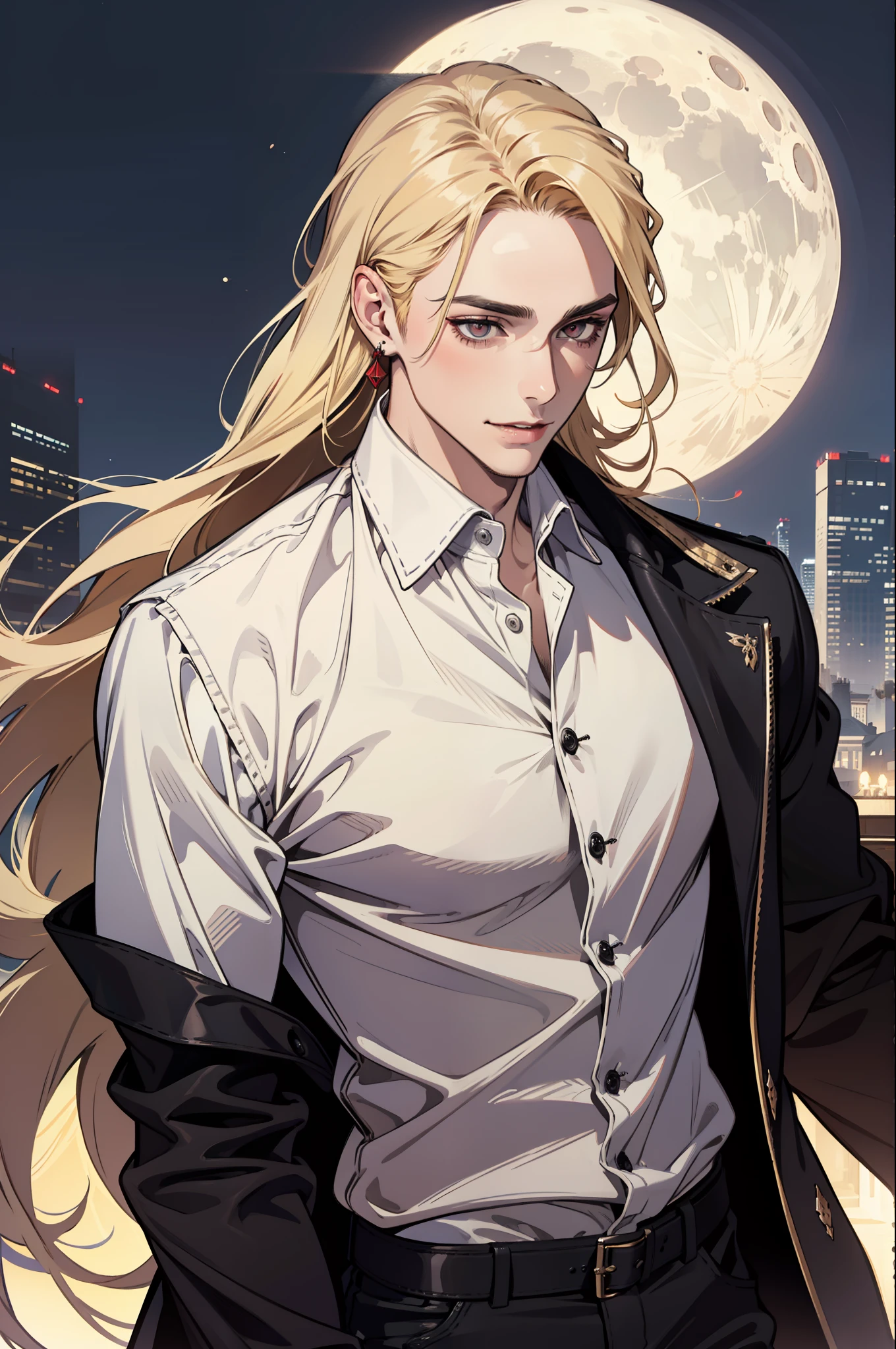 (absurdres, highres, ultra detailed), 1man, 30 years old man, adult man, handsome, tall,, finely detailed eyes and detailed face, leather pants, (((white shirt))), night, smile, dutch angle, ((long hair, blonde hair)), moon, gold details, earrings, gothic, vampire, vampire prince, dark, simple clothes, looking at the view, pale skin, red detailed eyes, (masculine), sexy, elegant, long bangs,