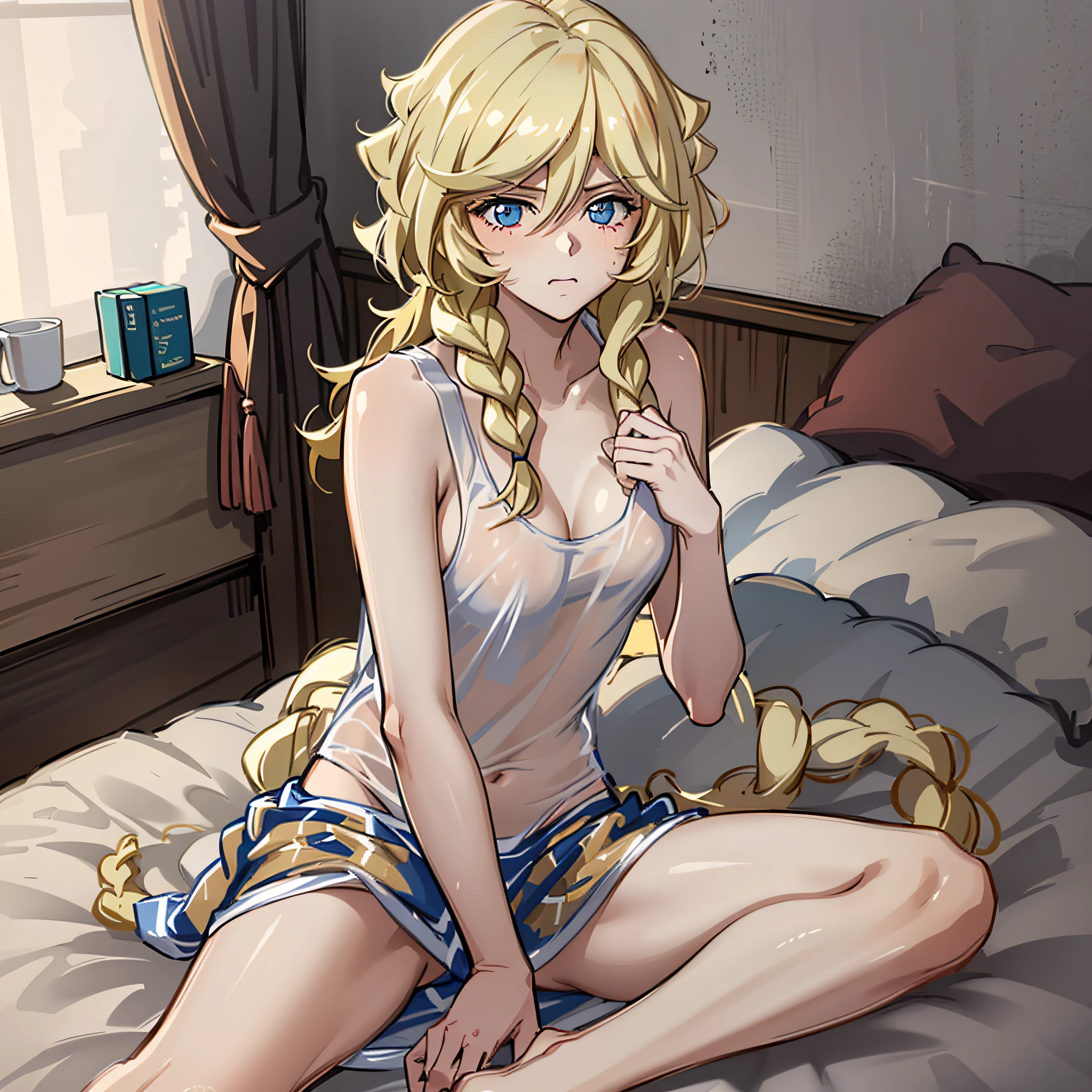 "(Masterpiece, highest quality, super detailed) realistic depiction should be", small, (very, very thin tank top), light clothes, raised, sheer clothes, blonde hair,