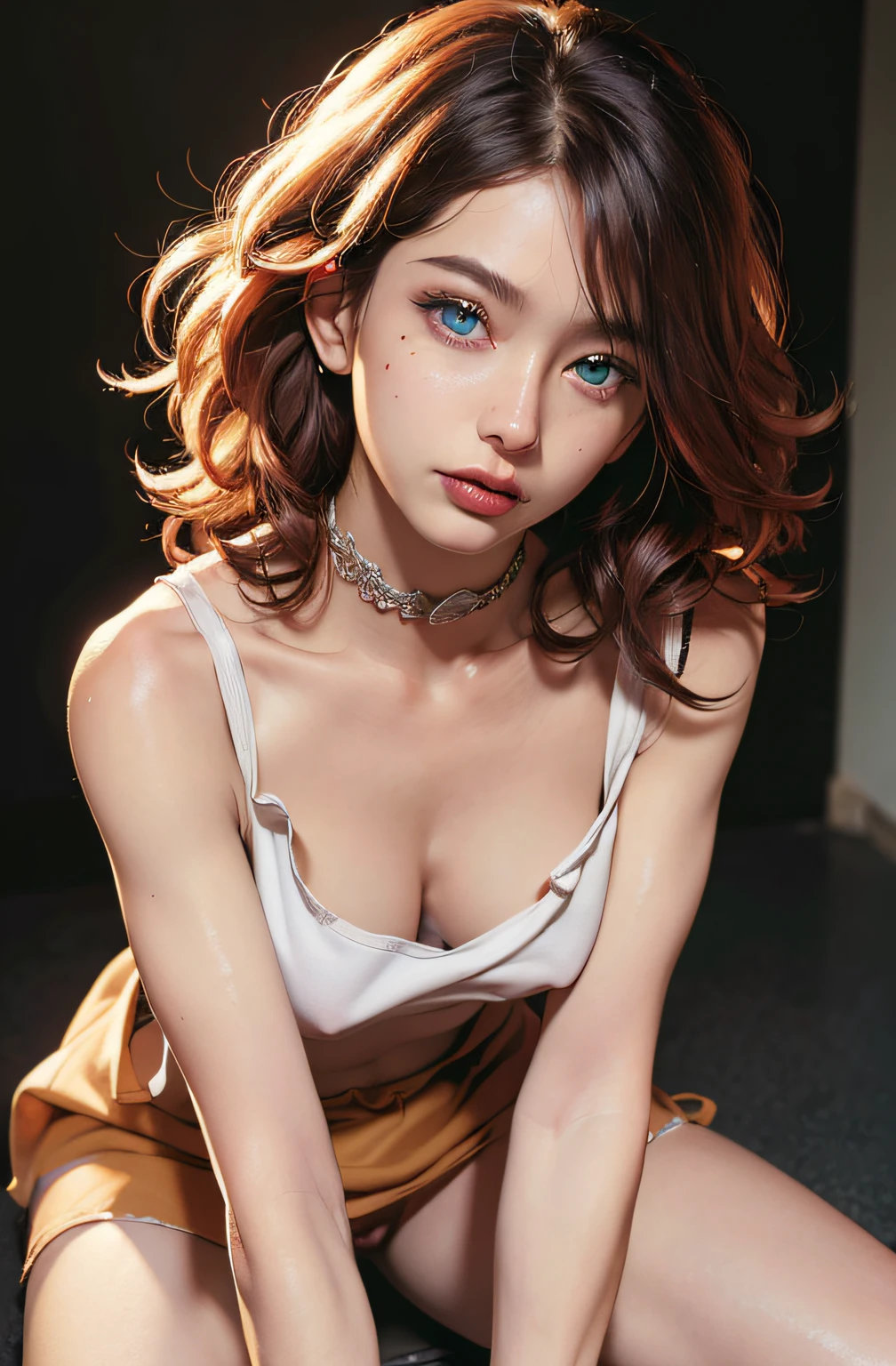 (hyperrealistic), (illustration), (high resolution), (8K), (extremely detailed), (best illustration), (beautiful detailed eyes), (best quality), (super detailed), (masterpiece), (wallpaper), (detailed face), solo, (dynamic pose), 1 girl, white wavy hair on the chair, korean, heterochromic eyes, small moles under the eyes, ((short apron)), medium breasts, long legs, tightens abs, (camel toes), (no panties), (no bra)