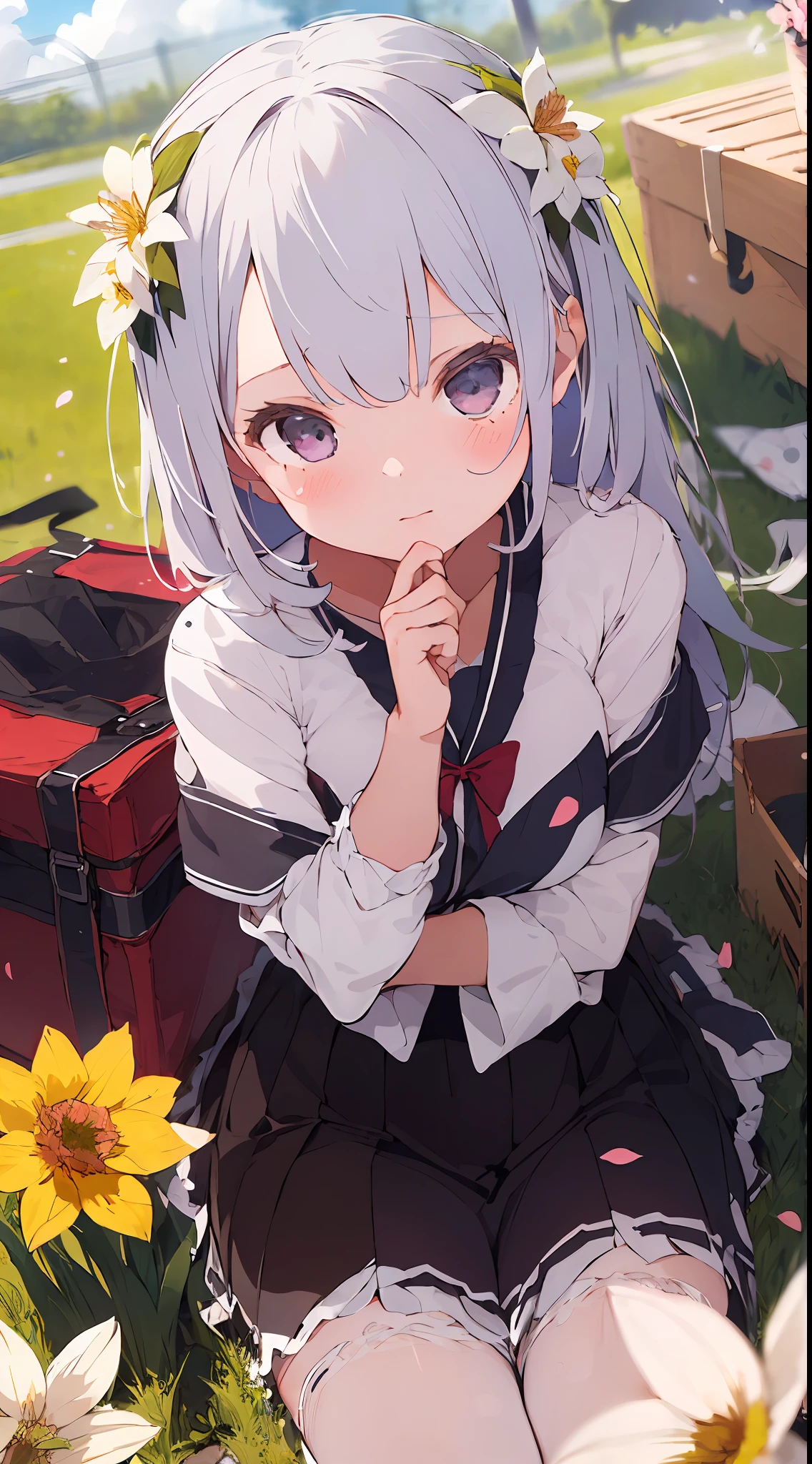 ((masterpiece, best quality)),(1girl, solo:1.4), silver hair, ruby eyes, from above, beautiful detailed eyes, vivid, cloudy sky, flower, awesome flower, daffodil, falling petals, sanshoku dango, hanami, picnic, incoming kiss, incoming hug,