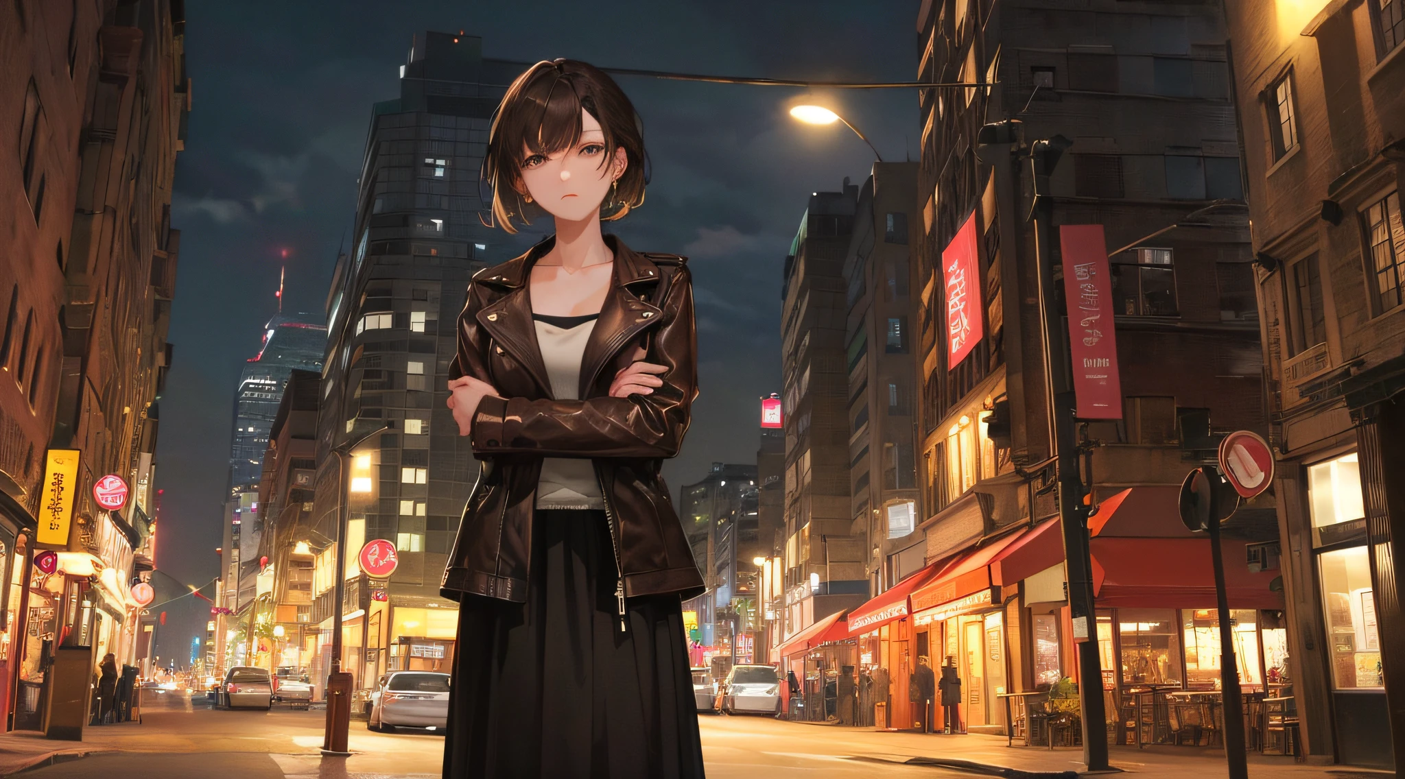(highest resolution, distinct_image) Best quality, (((1 woman))), masterpiece, vivid colors, arms crossed, very detailed, night cityscape, semi-realistic, dark brown hair, straight hair, expressionless, bangs, 21 years old, mature, young, brown leather jacket, black long skirt, outdoor, delicate facial features, facial features, mid-shot,