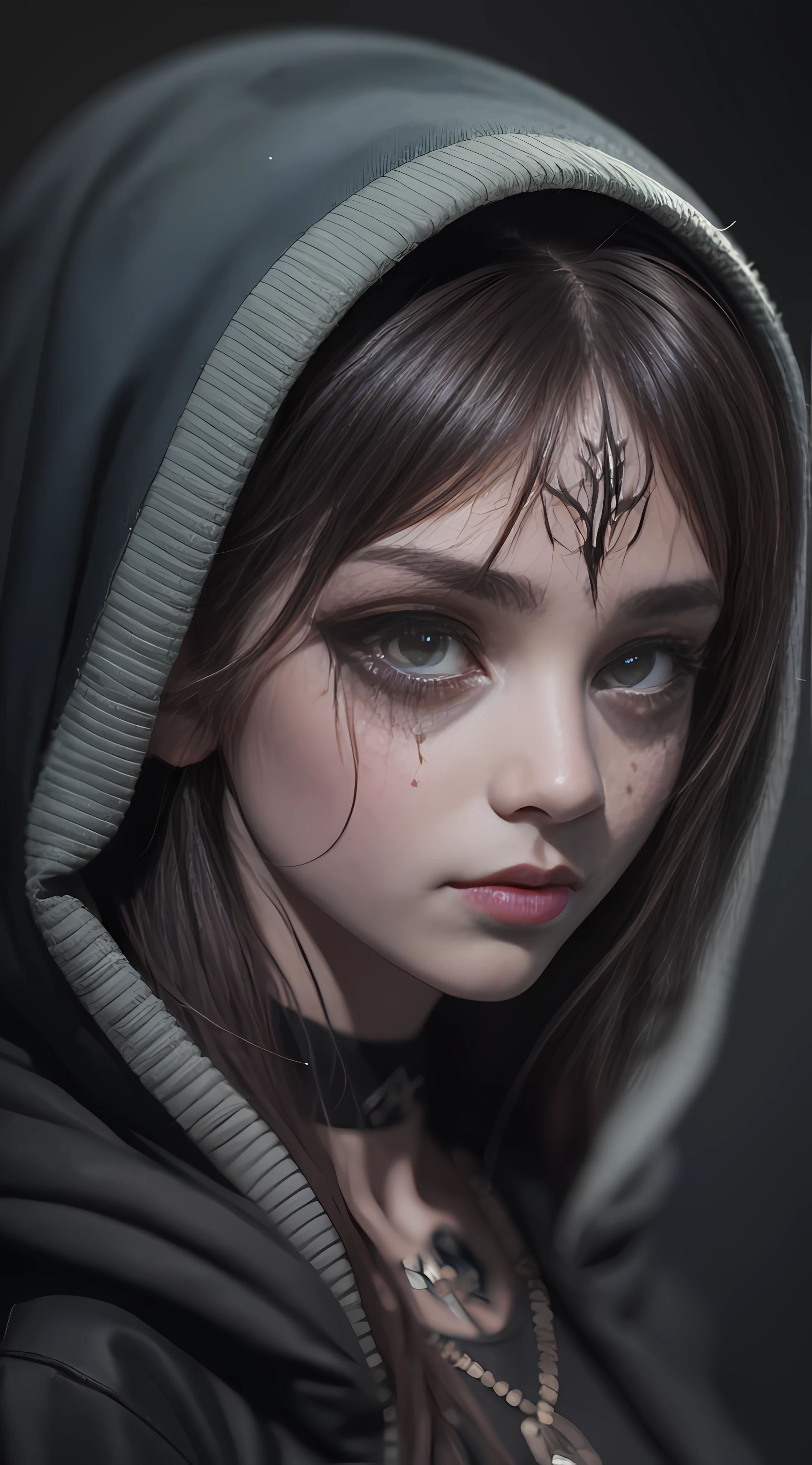 8k,outdoor,(telephoto lens,full body),gyaru,tears, slender fingers, exquisite facial features, prefect face,illustration,horror girl, tattoos, portrait of the god of death, angel of death, demon noble character design, Peter Morbach style, demon soul concept art,Cotton hoodie,unbuttoned clothes,,