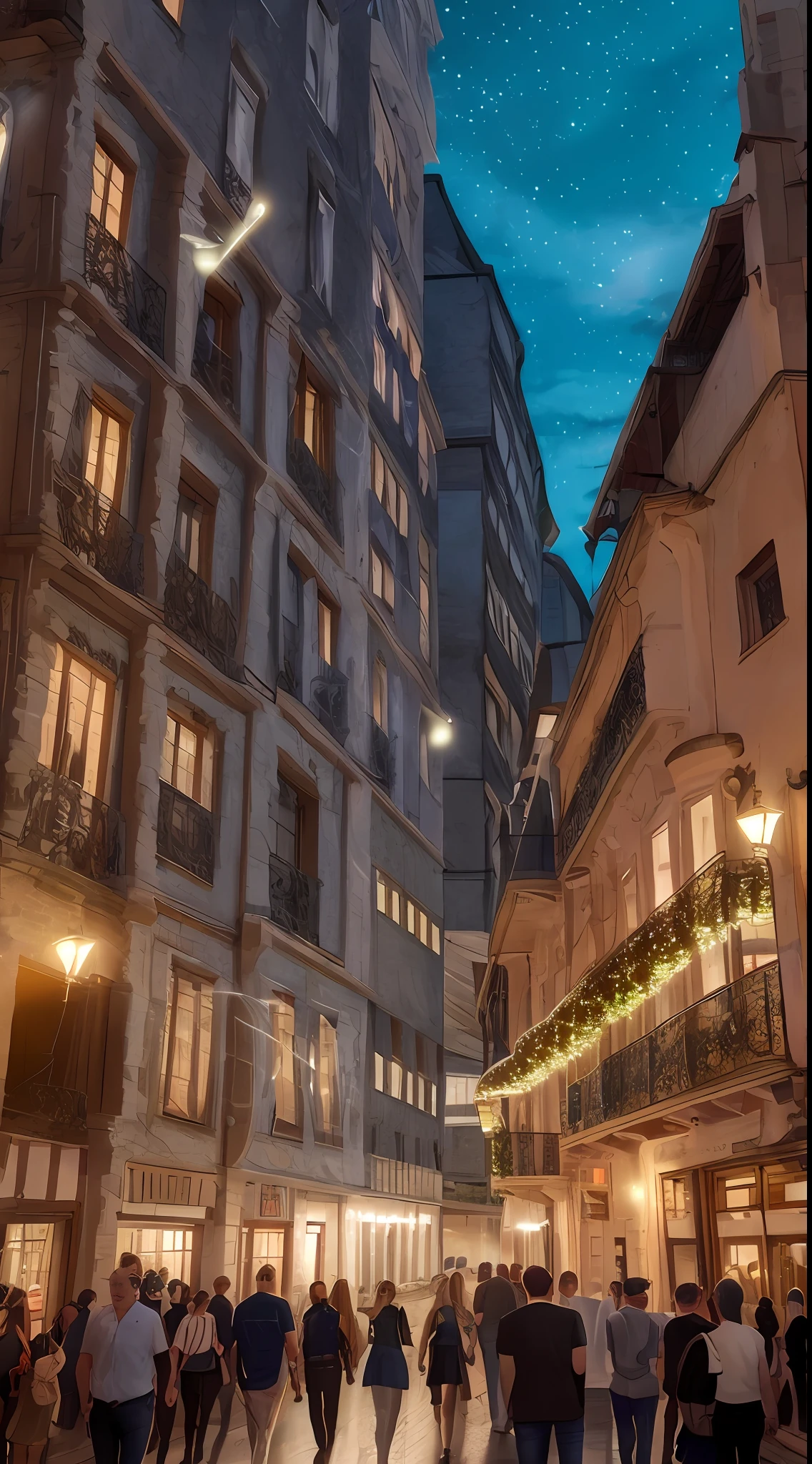 Reception hall held in a high-rise structure of medieval Europe with a lot of lights in the building, street lamps, ((light leaking through the window)), chandelier, crowd, dreamy urban town, amazing wallpaper, ultra realistic photo, european city, night, beautifully illuminated building, evening, aesthetic, photo, cinematic, 8K, high detail