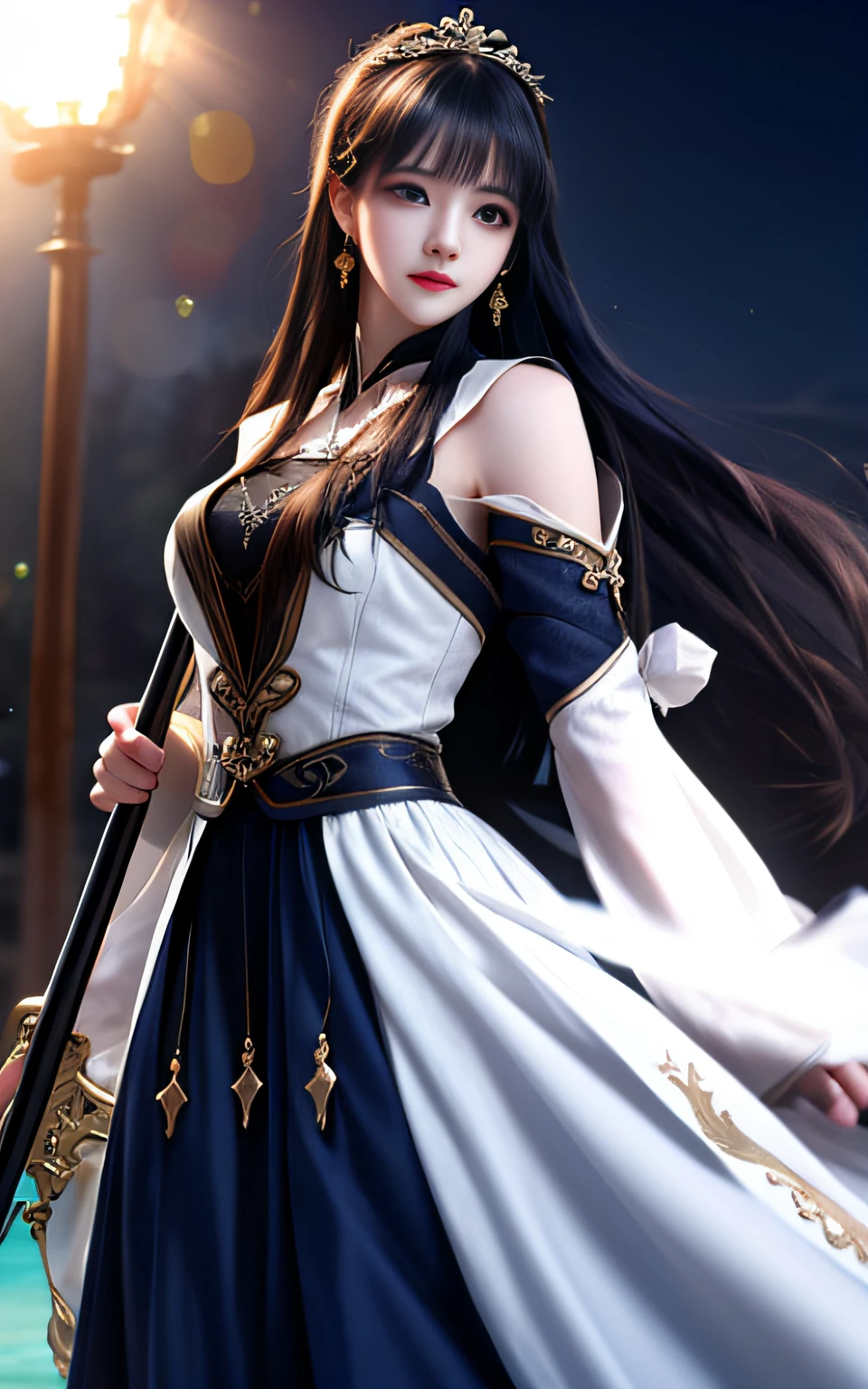 Best quality, masterpiece, high resolution, CG,
1 girl, weapon, fan, long hair, long skirt, water, solo, jewelry, gorgeous long skirt, earrings, hair accessories, splash, upper body, bun, black hair,
Lighting, Frankness, Photo, High Resolution, 4K, 8K, Bokeh,