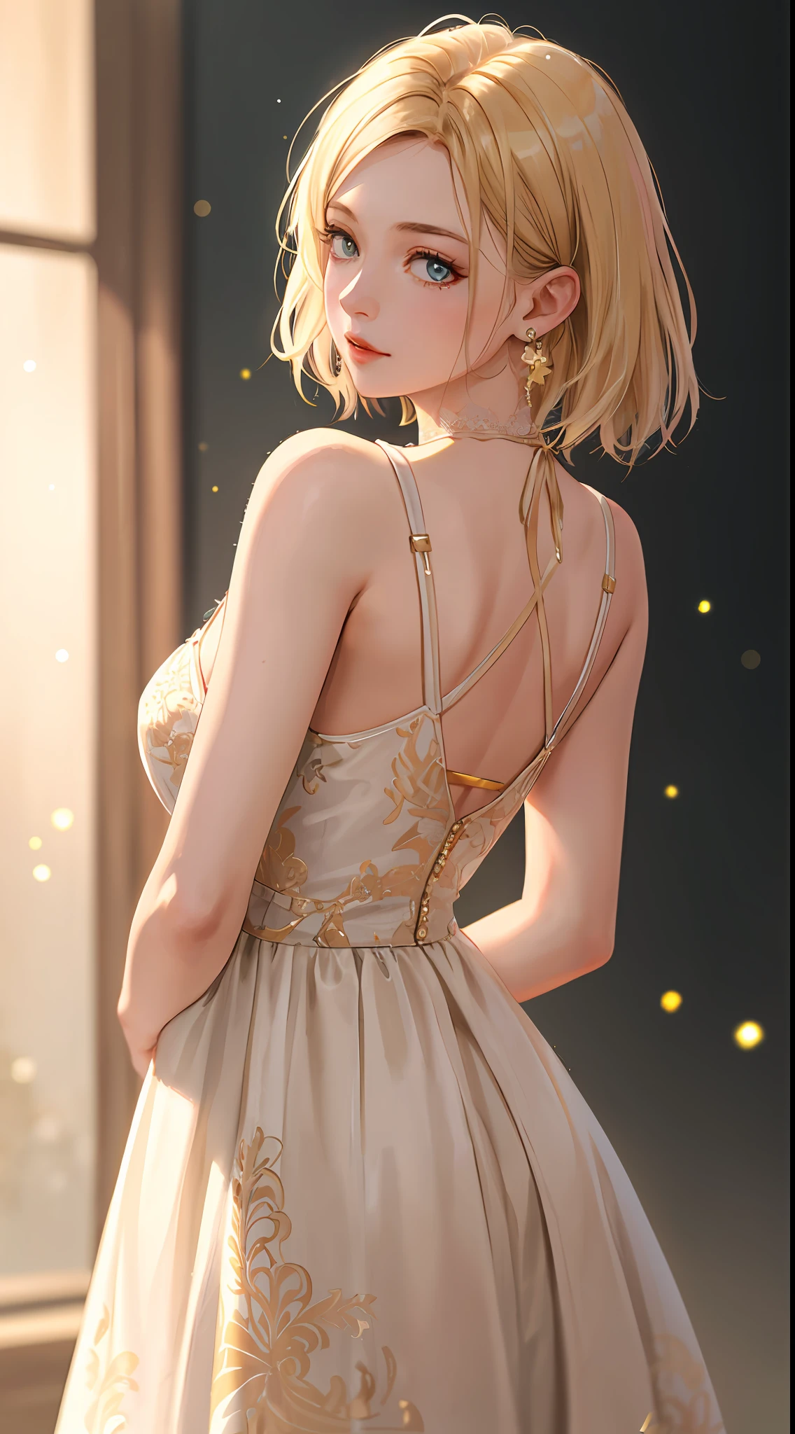 Realistic, Top Quality, 8K UHD, DSLR, Soft Lighting, High Quality, Film Grain, Fujifilm XT3, Intricate Details, Depth of Field, Girl 20 years old, (Lens flare, Backlight:1.2), (Blonde, Short hair), Earrings, Hair ornament, Flash, ((Short hair)), Nice hairstyle, Very short, Nice style,