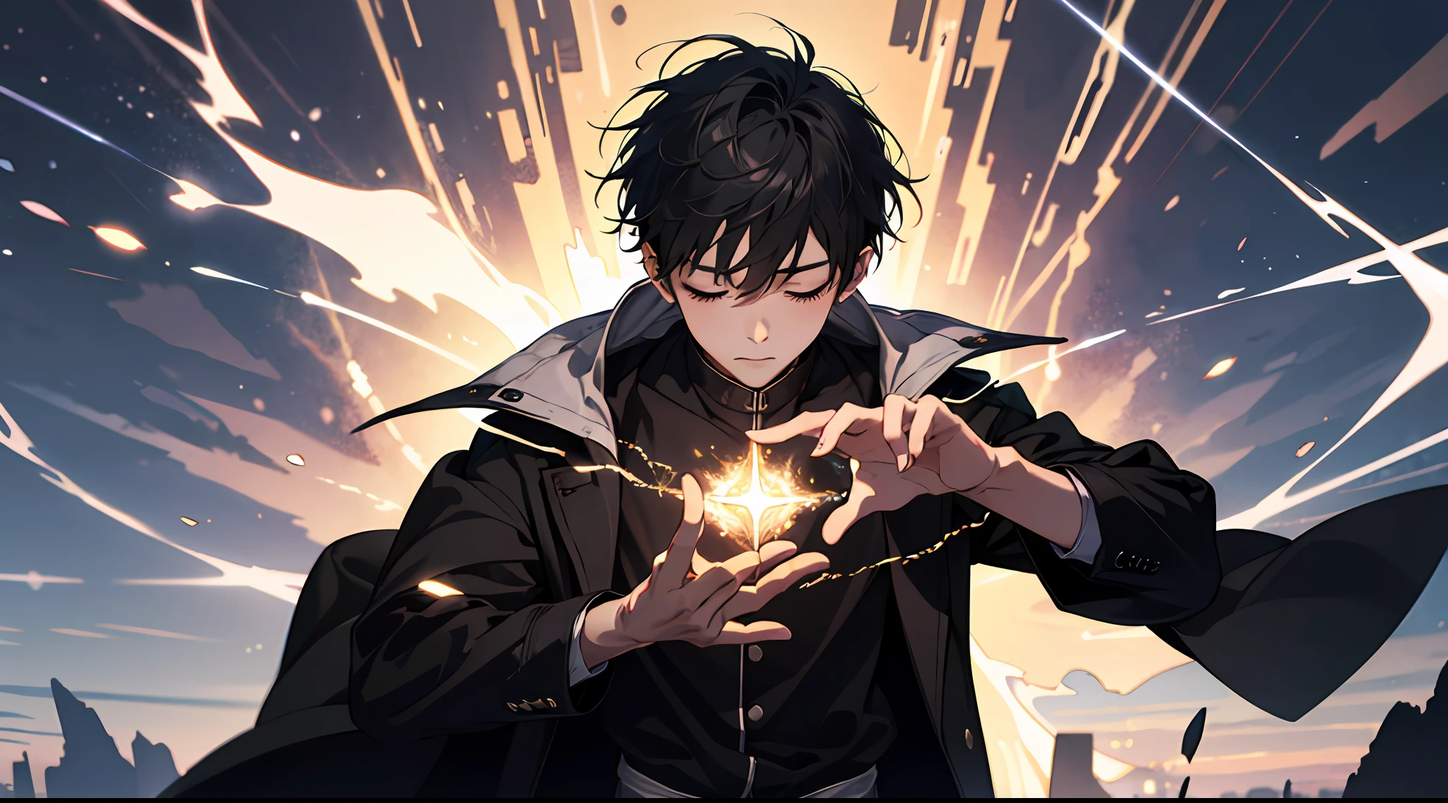 (Absurd, High Resolution), 16k, (Panorama), Little Boy, Teenager, Closed Eyes, Open Hands, Short Hair, Black Hair, Black Coat, White Underwear, Extreme Detail, Lightning, Magic, Magic Array, Exaggerated Light, Shine, Magic, Floating, Dusk