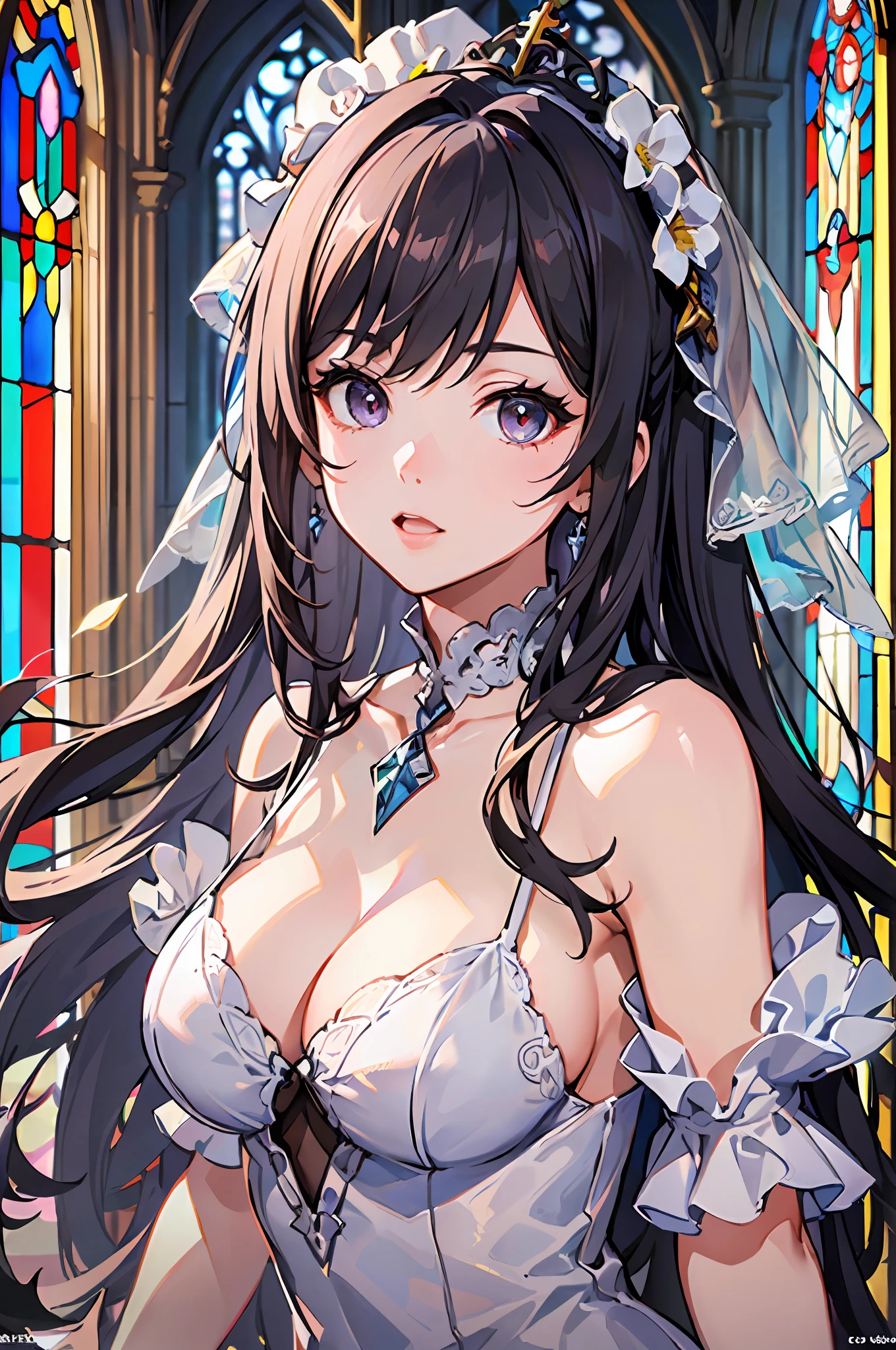 (kawaii,cute:1.1), ((high resolution:1.8)), (incredibly absurdres:1.1), (hires.fix:1.3), extremely detailed CG unity 8k wallpaper
BREAK
((masterpiece:1.5)), (8k, RAW photos, highest quality, high resolution, absurdity), high-definition RAW color photos, professional photos, paper cutting, (beautiful girl), (detailed beautiful face:1.3),(detailed beautiful silver eyes),big tits, cleavage, wedding dress, ((white dress)), scenic print, pale_skin, beautiful black hair, braided bangs, ((long hair, straight hair)),
BREAK
((beautiful church)), ((beautiful stained glass)), (magnificent panorama view), (underworld, fantasic ocean), depth of view