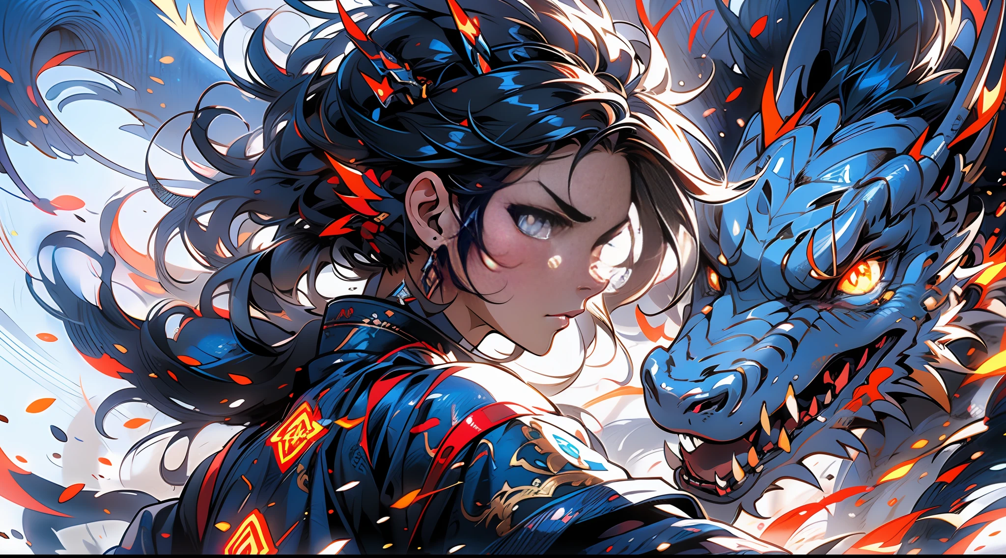 A young girl with long black hair and a long ponytail fluttering messily in the wind, her expression was extremely angry, her eyes were fierce, and her pupils were detailed. Dressed in a delicate damask Han costume, combat action, palm surrounded by blue halo, a fierce Chinese dragon looking at the viewer in the background, the picture is very impressive, crazy, high detail, action drawing, anime style, surrealism, chiaroscuro, ray tracing, blending, motion lines, optical illusion, character diagram, projection illustration, first-person perspective, denim lens, caustic, ultra hd, masterpiece, ccurate, super detail, high detail, high resolution, 8K