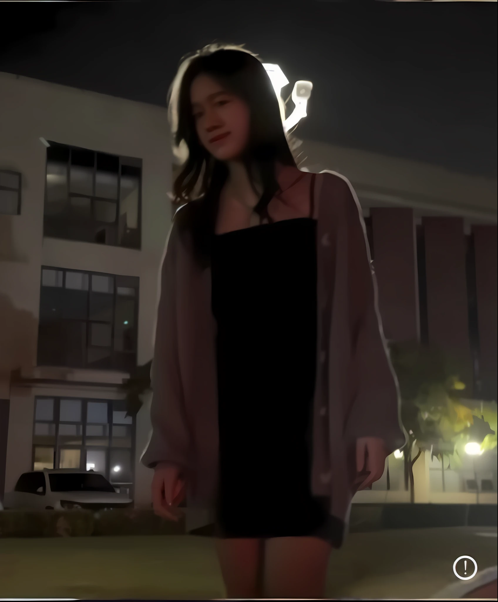arafed image of a woman in a black dress and a pink cardigan, gemma chen, still from a music video, camera angle looking up at her, amy sol in the style of, dark university aesthetic, ominous figure in the background, medium head to shoulder shot, low quality footage, dancing in the background, music video, distant full body shot