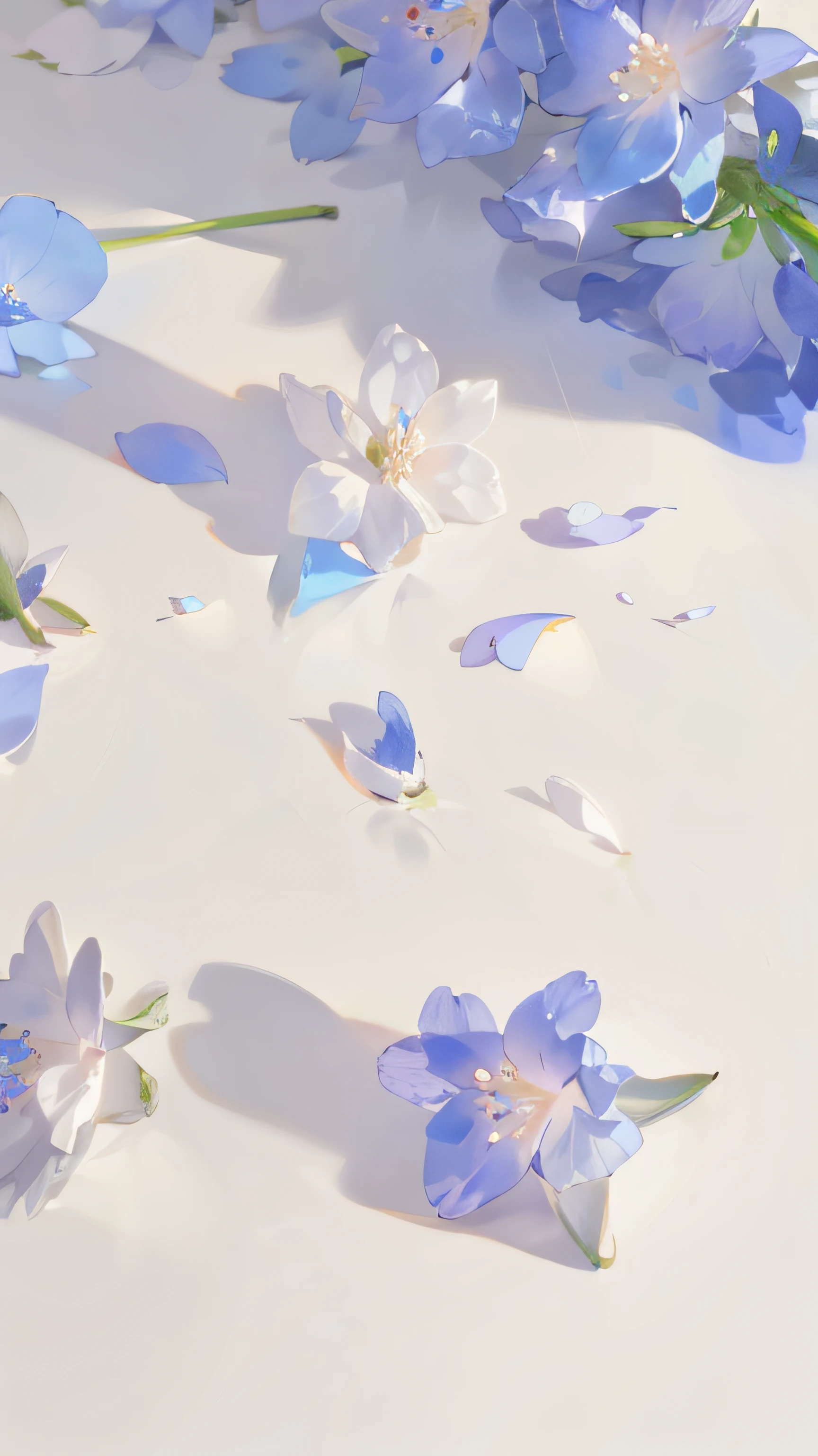 there are blue flowers on a white surface with a green stem, pastel flower petals flying, falling flower petals, blue - petals, flower petals, falling petals, petals falling, white and pale blue toned, soft flowers, blue soft details, opal petals, iphone wallpaper, white and blue, dried petals, pastel flowery background, white and pale blue, petals falling everywhere