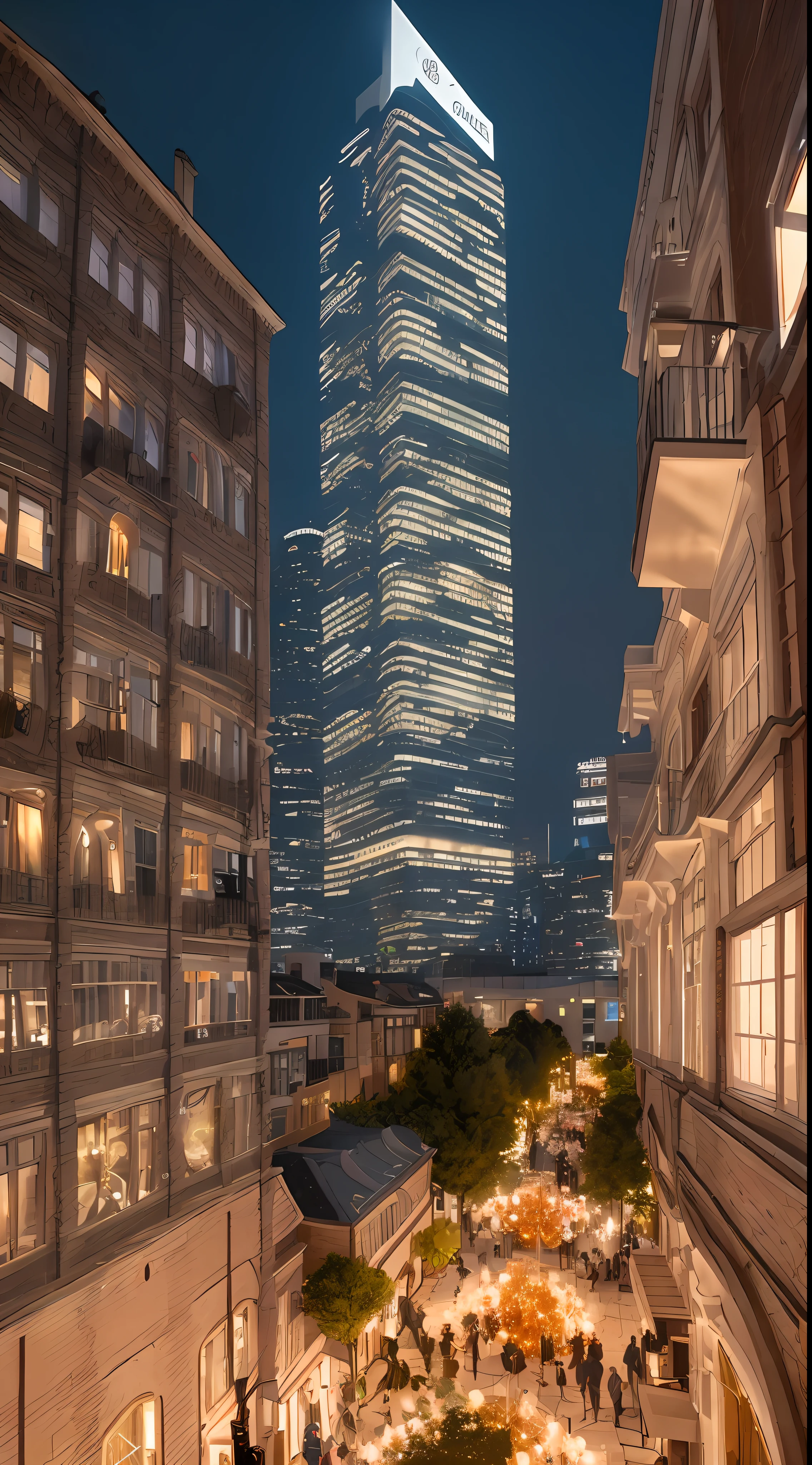 View from the outside of the reception venue held in a building with lots of lights in the building, skyscraper, chandelier, crowd, dreamy urban town, amazing wallpaper, ultra realistic photo, european city, night, beautifully illuminated building, evening, aesthetic, photo, cinematic, 8K, high detail