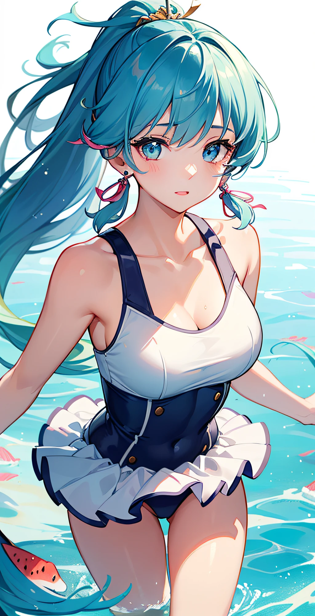 (masterpiece), (best quality), (ultra detailed),(disheveled hair),(illustration), (1girl), (Fashionable clothing), standing, Fashion model, looking at viewer, (interview), (simple background),beautiful detailed eyes, delicate beautiful face, Floating,(high saturation),(colorful splashes),colorful bubble,(shining), focus on face, ponytail, kamisato ayaka, light blue hair, bangs, hair ring, floating flowers, floating hairs, (shining), best lighting, best shadow,masterpiece, top quality, best quality, swimsuit party, in the water,fish,watermelon,cute style, perfect structure, summer theme