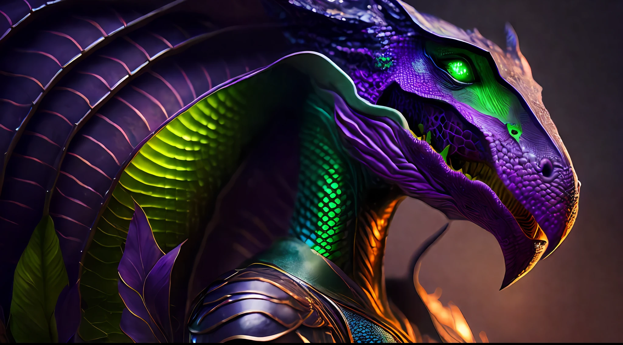 A captivating female reptilian hero emerges, her silhouette cutting through the darkness. Vibrant scales, a fusion of deep purples and radiant greens, cover her serpentine body. Her gaze, emanating from piercing green eyes, look onto the viewer, demanding attention. Clad in streamlined armor, she embodies a perfect balance of grace and ferocity. Poisonous mist swirls around her claws, a potent symbol of her venomous powers. With a confident stance and a sinuous tail, she epitomizes the lethal prowess of a reptilian warrior., fingersmile, licking lips, depth of field, cinematic lighting, ray tracing, Surrealism, high detail, high detail, cinematic lighting, depth of field, ray tracing, bloom, from below, masterpiece, highres, best quality, high quality, high details, super detail, textured skin, masterpiece, anatomically correct, textured skin, super detail, high details, high quality, award winning, highres, best quality, HD