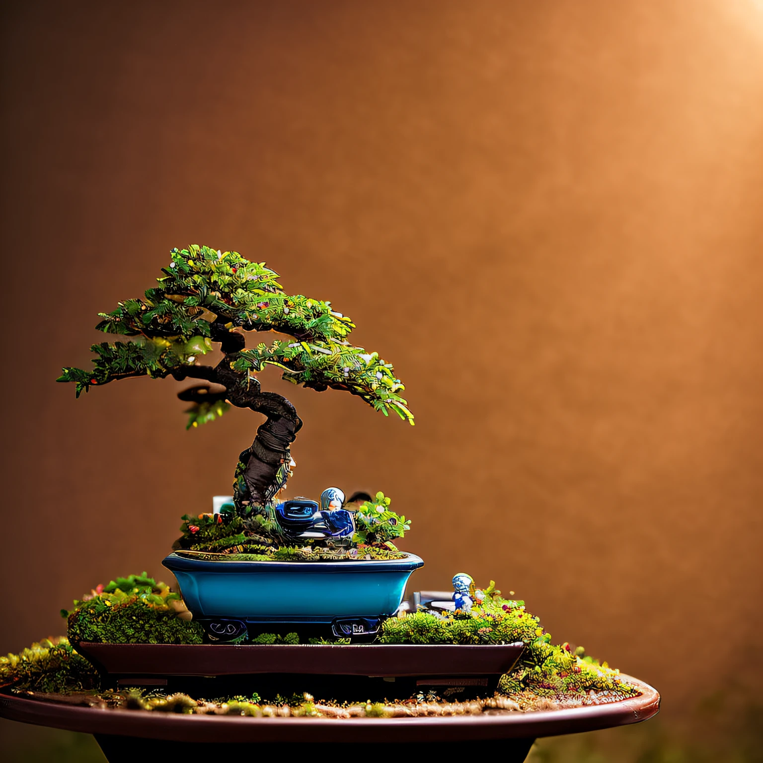 Miniature Bonsai landscape with dolls on top of Realistic, Photography, Studio lighting, shot by Phase One camera, HDR clarity detail, Hyperfocal length, 8K, Ultra Realistic --auto