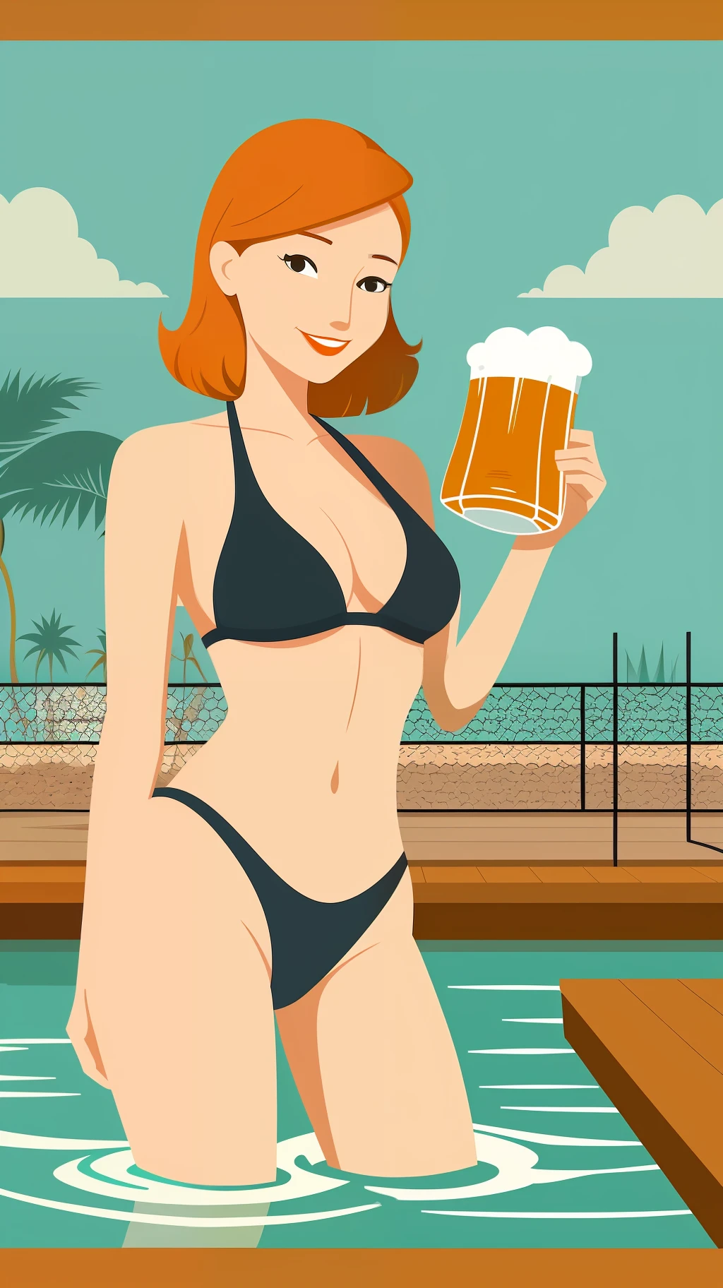Illustration of a beer drinker rétro swim wear sexy lady with tintin eyes drawn in a flat design
