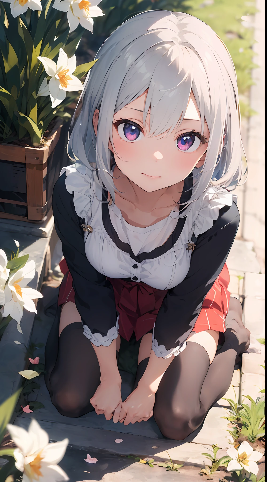 ((masterpiece, best quality)),(1girl, solo:1.4), silver hair, ruby eyes, from above, beautiful detailed eyes, vivid, cloudy sky, flower, awesome flower, daffodil, falling petals, sanshoku dango, hanami, picnic, incoming kiss, incoming hug,
