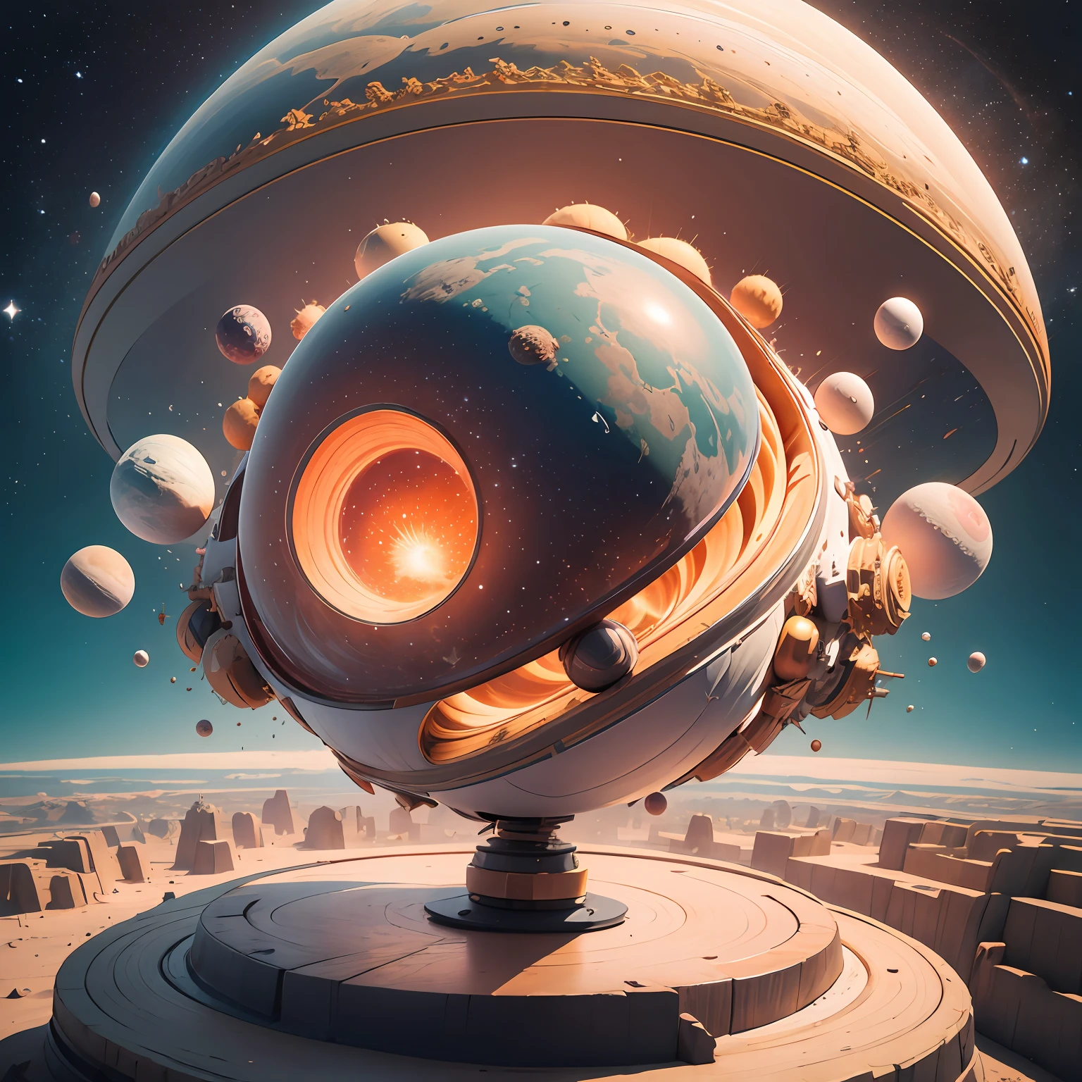 Alafid image, a planet with a spiral in its center, a Dyson sphere in space, a spherical explosion in the end of the world, a gradient planet, --auto