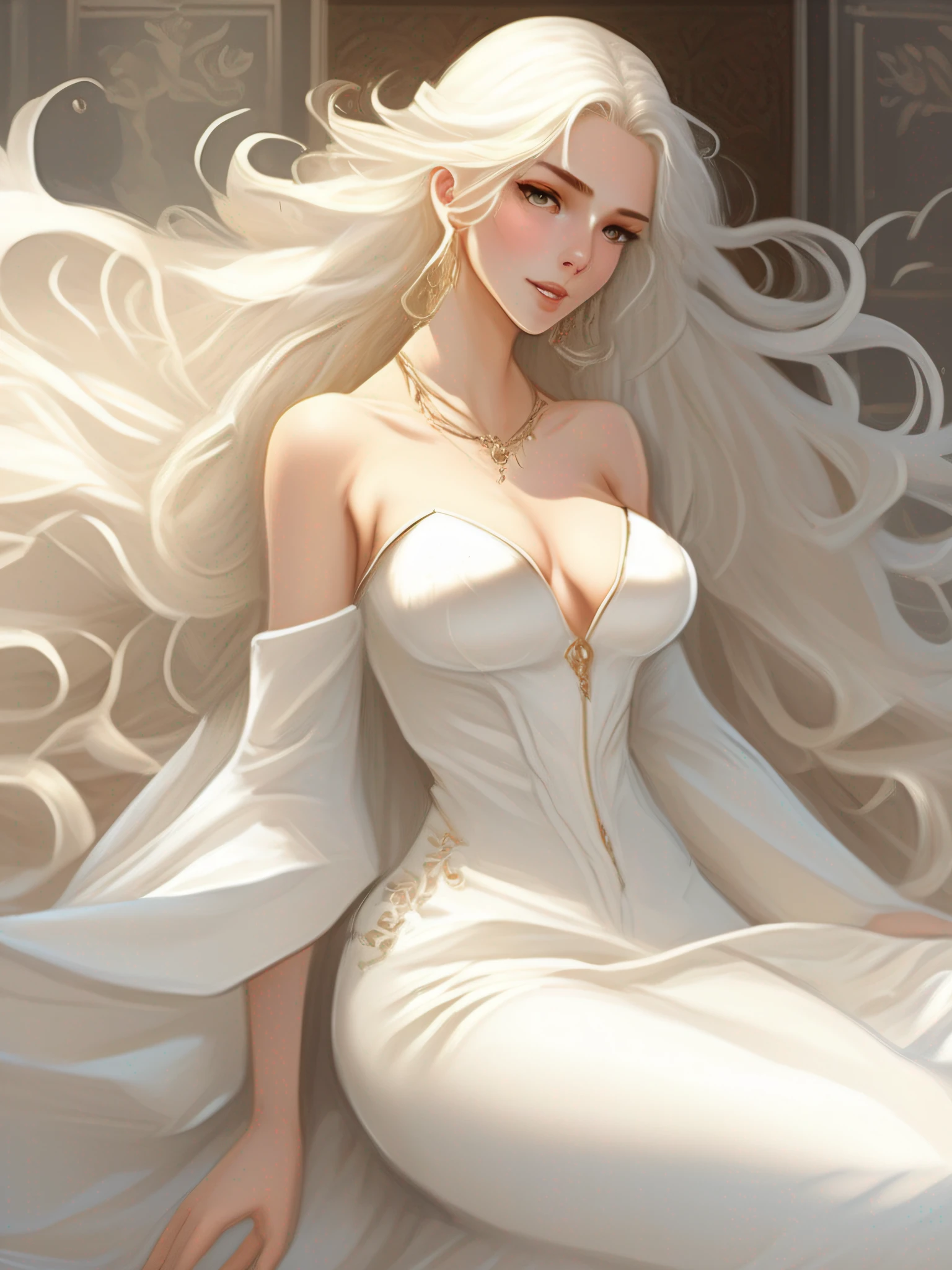 From above, ((Best Quality)), ((Masterpiece)), (Details), 1girl, she was wearing a revealing white dress. The dress, exposing the shoulders and navel, fit the body snugly and beautifully emphasized its curves. Her skin was white like ivory and soft and smooth to the touch. Her branded hair was straight and shiny pale. Her long hair ran down her back, making her figure look even more beautiful. Her eyes are large and deep indigo. Her lips were colored with cherry-colored lipstick and were plump and bulging. Her figure is somewhat mysterious and looks at the viewer. She was in a minimalist, simple and stark white room. Her face was beautifully trimmed and her eyes and nose were clear. The big black eyes were attractive with a deep and subtle glow. Her hair was long and lustrous, and her flowing beauty further enhanced her charm. Her mouth was small, and her well-formed lips were shining brightly. Her skin was smooth and very beautiful, almost silky. Her breasts and buttocks were large, and her thin waist was beautiful with its supple lines. , (large breasts, huge breasts, huge breasts, big breasts), long drooping, long drooping, abs
