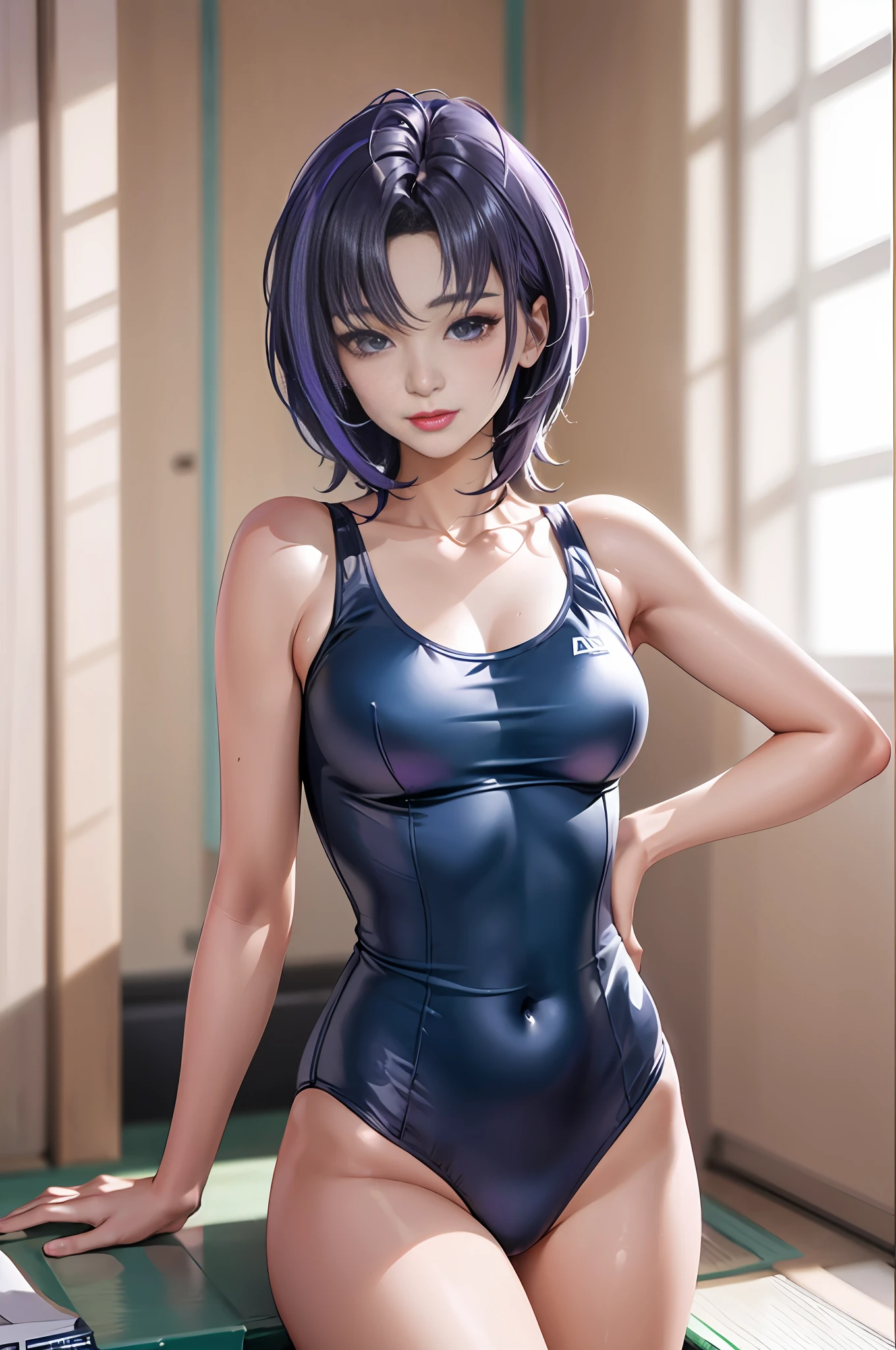 there is a woman in a blue swimsuit posing for a picture, seductive anime girl, wearing leotard, cute girl wearing tank suit, ultrarealistic sweet bunny girl, realistic young gravure idol, pretty face with arms and legs, japanese goddess, sexy girl, photo of slim girl model, beautiful asian girl, photorealistic perfect body, japanese model, tight attire