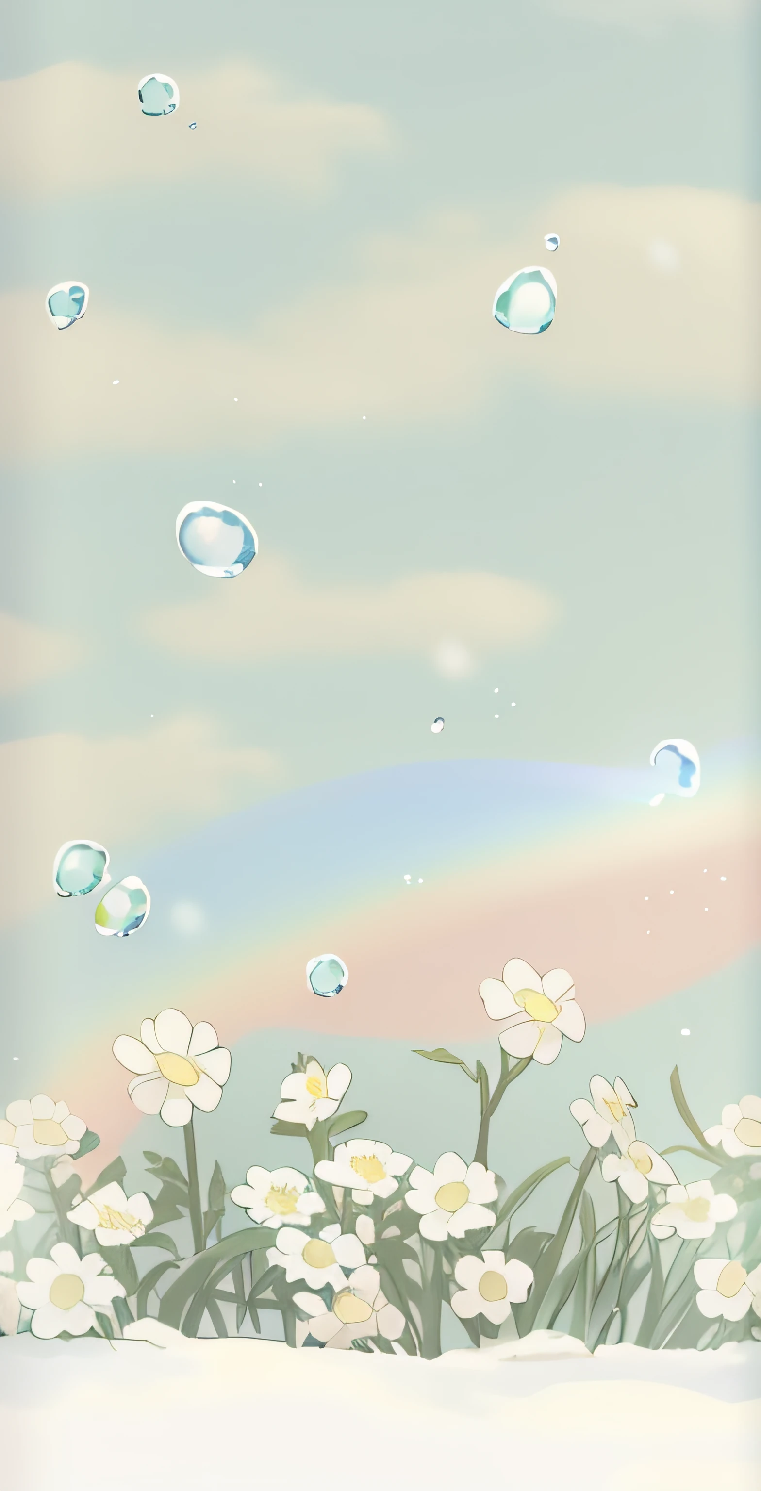 there are many white flowers in the snow with bubbles, rainbow bg, soft rainbow, phone background, ethereal background, iphone background, background pastel, ethereal rainbow bubbles, pastel background, iphone wallpaper, pastel overflow, colorful pastel, pastel color theme, bubbly scenery, soft cute colors, pastel flowery background, beautiful iphone wallpaper, pastel rainbow, phone wallpaper, simple background