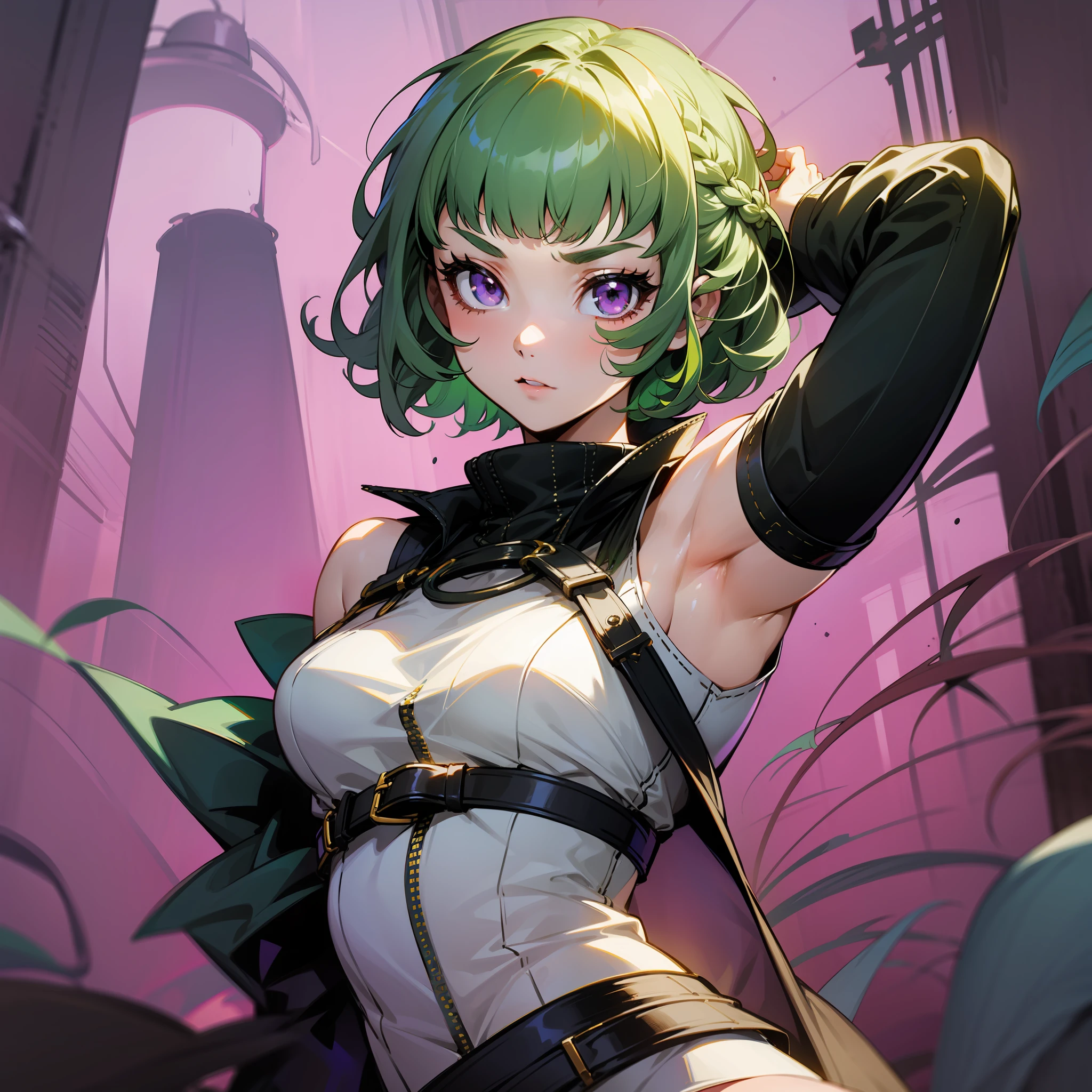 medieval fantasy, 1 girl, li, very short hair, messy, hair, blunt bangs, braid, green hair, short eyebrows, turime, purple eyes, thief, armpit, persona 5 style