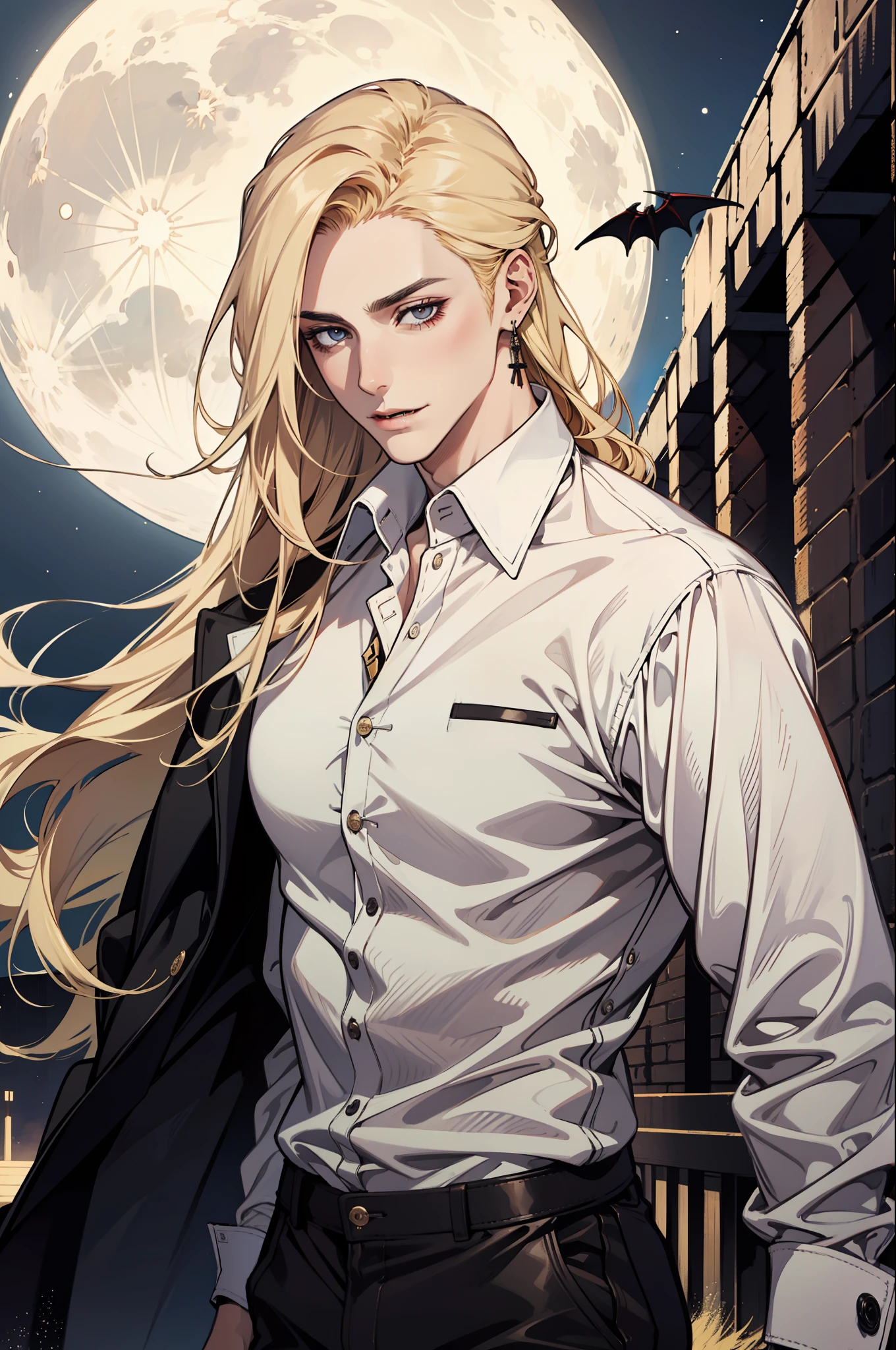 (absurdres, highres, ultra detailed), 1man, 30 years old man, adult man, handsome, tall,, finely detailed eyes and detailed face, leather pants, (((white shirt))), night, smile, dutch angle, ((long hair, blonde hair)), moon, gold details, earrings, gothic, vampire, vampire prince, dark, simple clothes, looking at the view, pale skin, red detailed eyes, (masculine), sexy, elegant, long bangs,