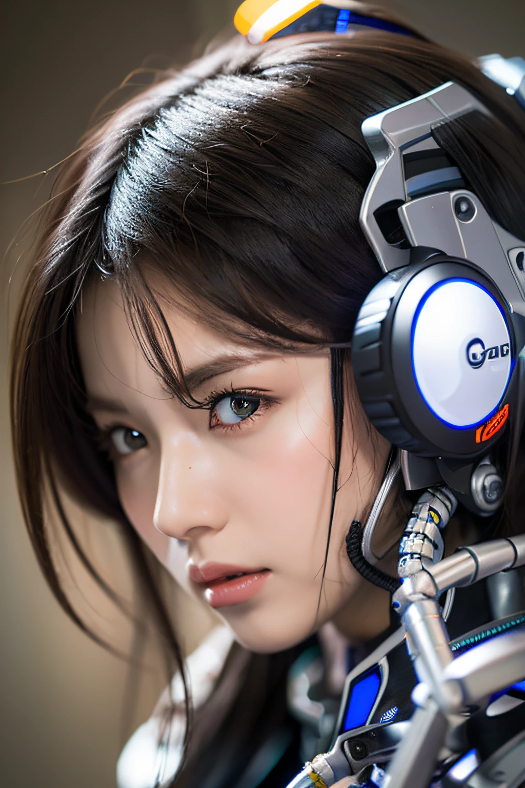 Top Quality, Masterpiece, Ultra High Resolution, (Photorealistic: 1.4), Raw Photo, 1 Girl, Black Hair, Glossy Skin, 1 Mechanical Girl, (Ultra Realistic Detail)), Portrait, Global Illumination, Shadows, Octane Rendering, 8K, Ultra Sharp, Big, Cleavage Exposed Raw Skin, Metal, Intricate Ornament Details, Japan Details, Very intricate details, realistic light, CGSoation trend, purple eyes, glowing eyes, facing the camera, neon details, mechanical limbs, blood vessels connected to the tube, mechanical vertebrae attached to the back, mechanical cervical attachment to the neck, sitting, wires and cables connecting to the head, gundam, small LED lamps,