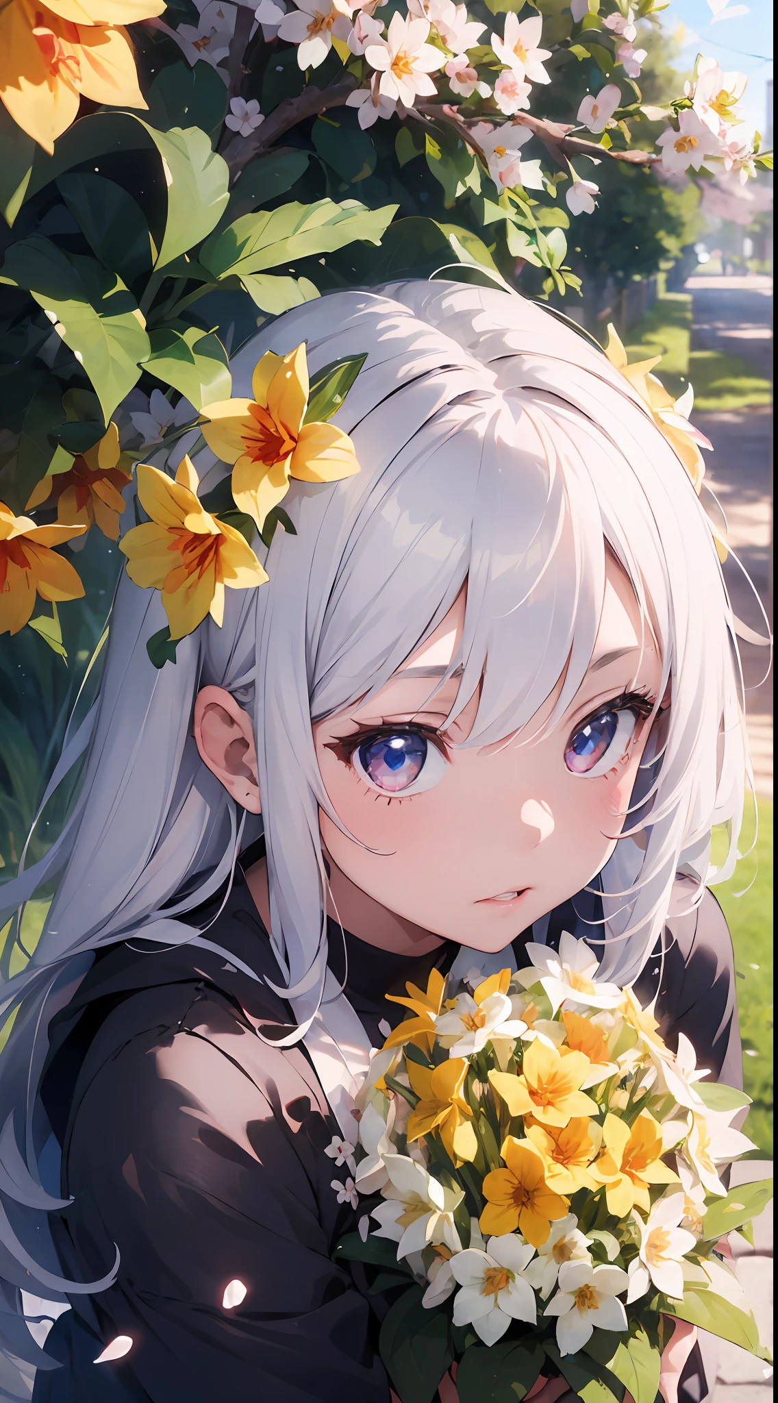 ((masterpiece, best quality)),(1girl, solo:1.4), silver hair, ruby eyes, from above, beautiful detailed eyes, vivid, cloudy sky, flower, awesome flower, daffodil, falling petals, sanshoku dango, hanami, picnic, incoming kiss, incoming hug,