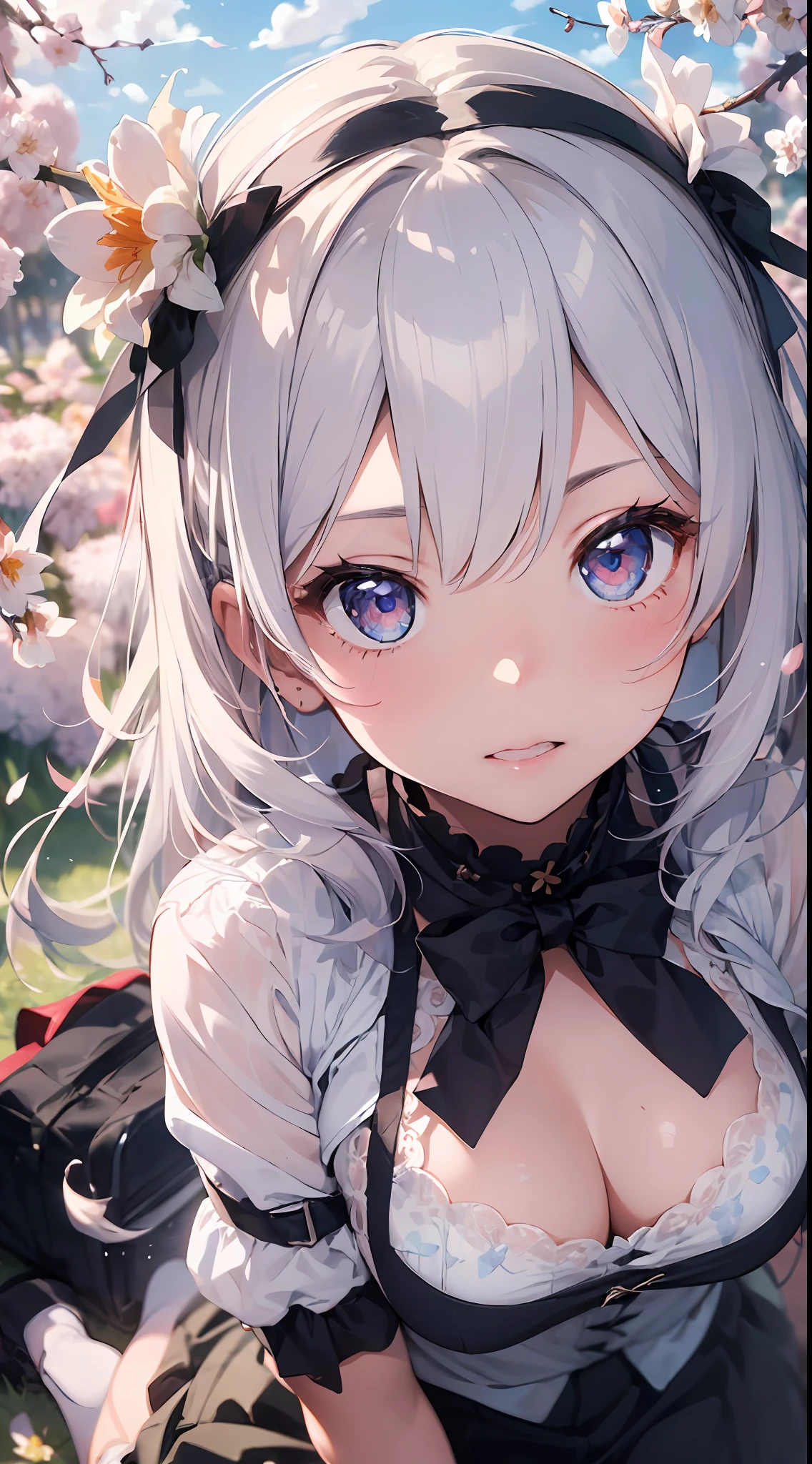 ((masterpiece, best quality)),(1girl, solo:1.4), silver hair, ruby eyes, from above, beautiful detailed eyes, vivid, cloudy sky, flower, awesome flower, daffodil, falling petals, sanshoku dango, hanami, picnic, incoming kiss, incoming hug,