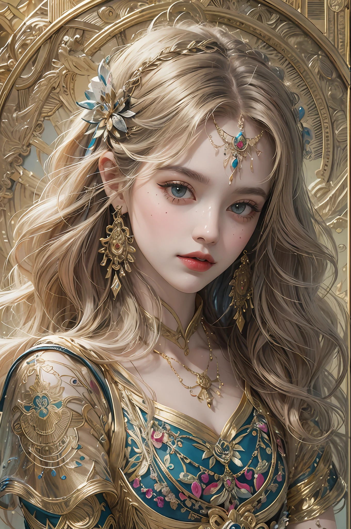 (masterpiece, top quality, best quality, official art, beautiful and aesthetic:1.2), (1girl), extreme detailed,colorful,highest detailed, official art, unity 8k wallpaper, ultra detailed, beautiful and aesthetic, beautiful, masterpiece, best quality, (zentangle, mandala, tangle, entangle) ,holy light,gold foil,gold leaf art,glitter drawing, PerfectNwsjMajic