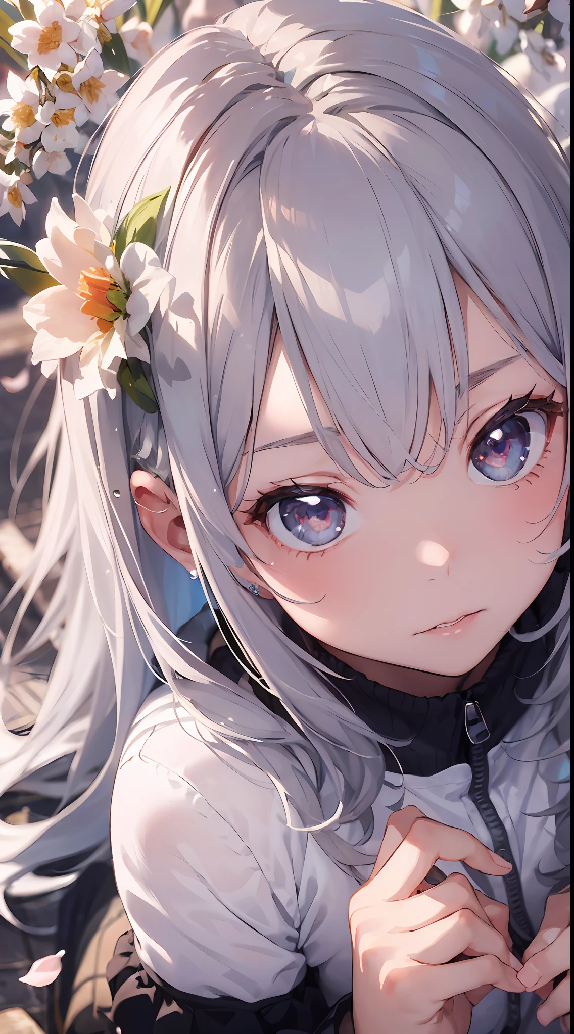 ((masterpiece, best quality)),(1girl, solo:1.4), silver hair, ruby eyes, from above, beautiful detailed eyes, vivid, cloudy sky, flower, awesome flower, daffodil, falling petals, sanshoku dango, hanami, picnic, incoming kiss, incoming hug,