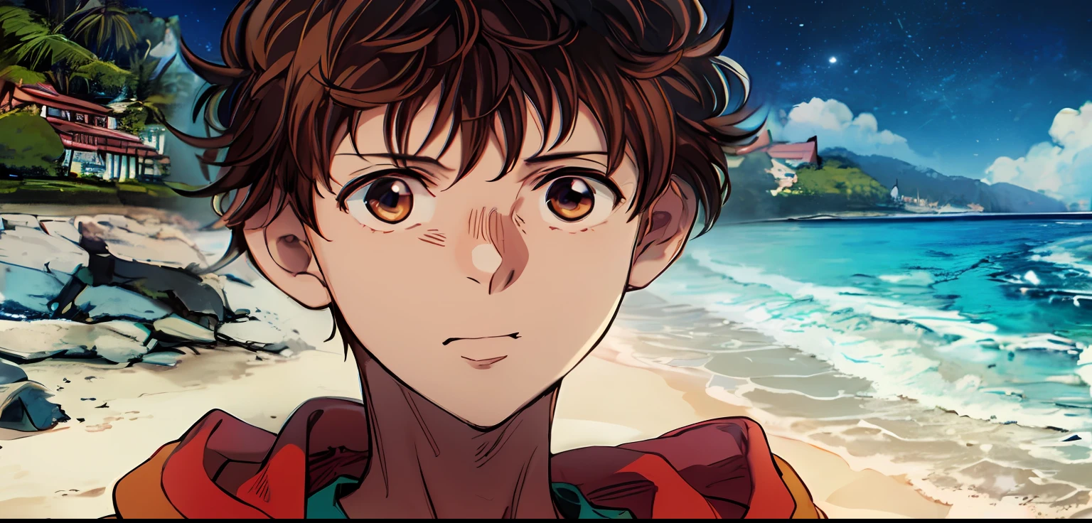 a anime of a man with a brown hair, jacket, focus, beach, beach water, night, rocks, seaside, color manga, manga color, color manga, color manga panel, simple background