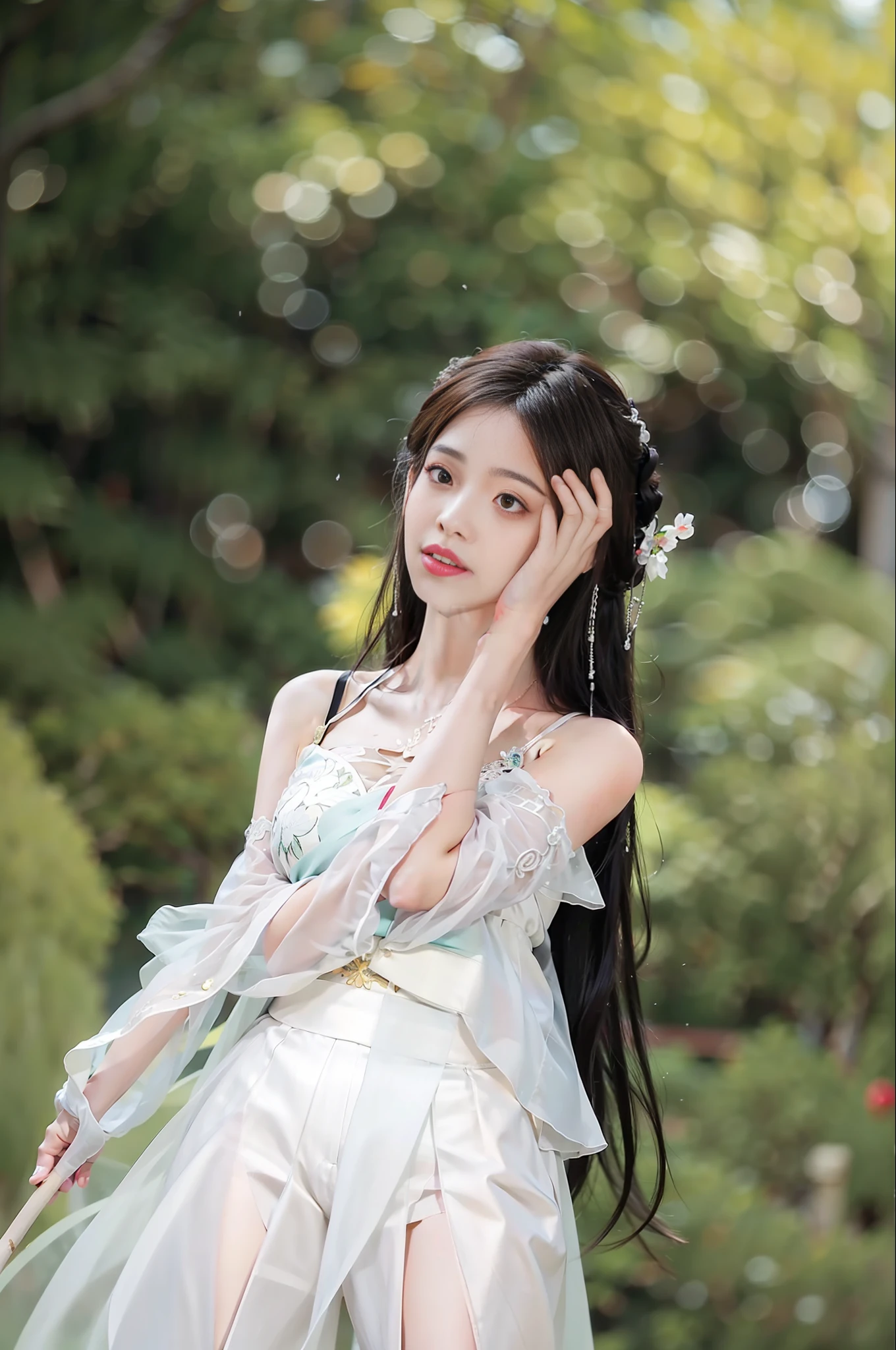 1girl, solo, brunette hair, ,(blood volume: 1), , full body, (realism: 1.4), official art, unreal 8k wallpaper, super detailed, beautiful aesthetics, masterpiece, best quality, (dynamic angle: 1.4), elegant, bright colors, romanticism, sexy, transparent, see-through, Chinese hanfu, bare breast, (transparent skirt), barefoot, (wet), (see-through), (big breasts, cleavage), (holding a short stick), seduction, (open legs)