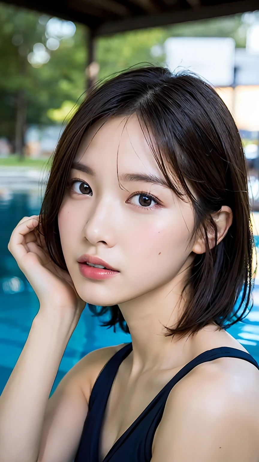 (8k, RAW photos, top quality, masterpiece: 1.2), ultra detailed, super resolution, (real, real photos: 1.37), portraits, high definition RAW color photos, professional photos, very detailed and beautiful, highly detailed, 8k wallpapers, amazing details, huge file size, official art, highly detailed CG Unity 8k wallpapers, highly detailed beautiful girls, highly detailed faces, very detailed eyes, very detailed skin, very detailed fingers, very detailed nose, very detailed detailed mouth, very beautiful face and eyes, full body, hands raised, swimming pool, pretty woman, solo, school swimsuit, beautiful black hair, (((beautiful eyes)), short hair,