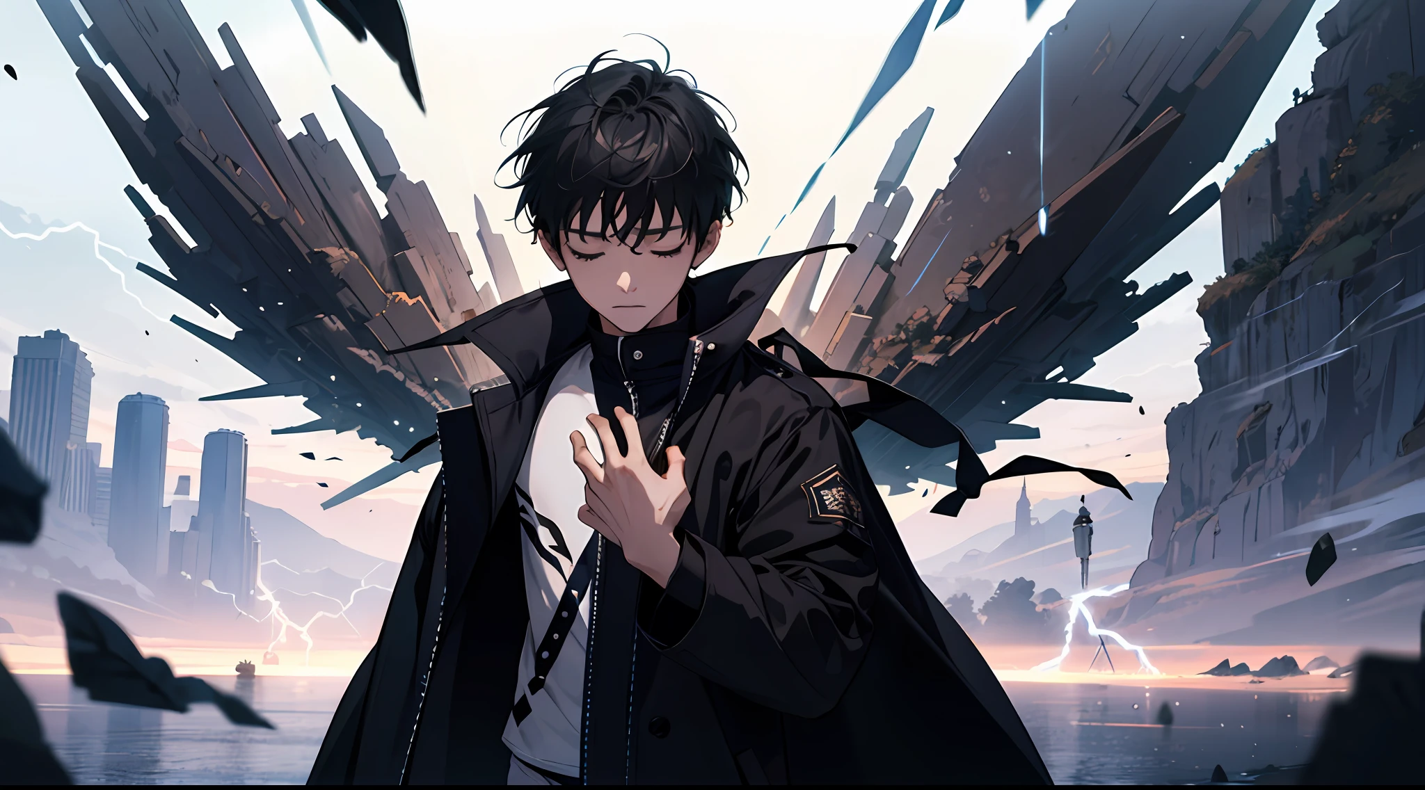 (Absurd, High Resolution), 16k, (Panorama), Little Boy, Teenager, Closed Eyes, Open Hands, Short Hair, Black Hair, Black Coat, White Underwear, Extreme Detail, Lightning, Magic, Magic Array, Exaggerated Light, Shine, Magic, Floating, Dusk