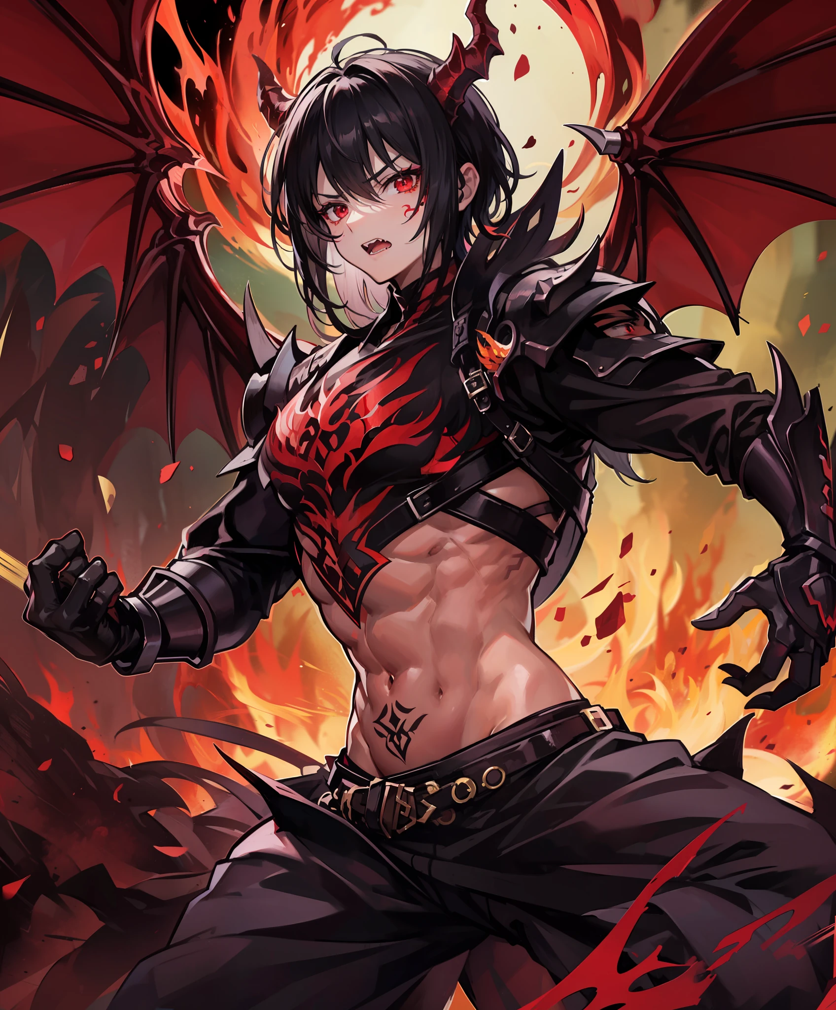 A man, short black hair, pulled towards his back, revealing his forehead, pointy eyebrows, red eyes, aggressive expression on his face, maniac expression, dark red dragon horns on his head, shirtless, with lots of dark red tattoos, big gauntlets resembling the arms of a dragon, dark red gauntlets, pointy edgy gauntlets, with 2 dark red dragon wings coming out of his lower back, action pose, in the middle of a fight, flames surrounding him, flaming background, 8k, best quality