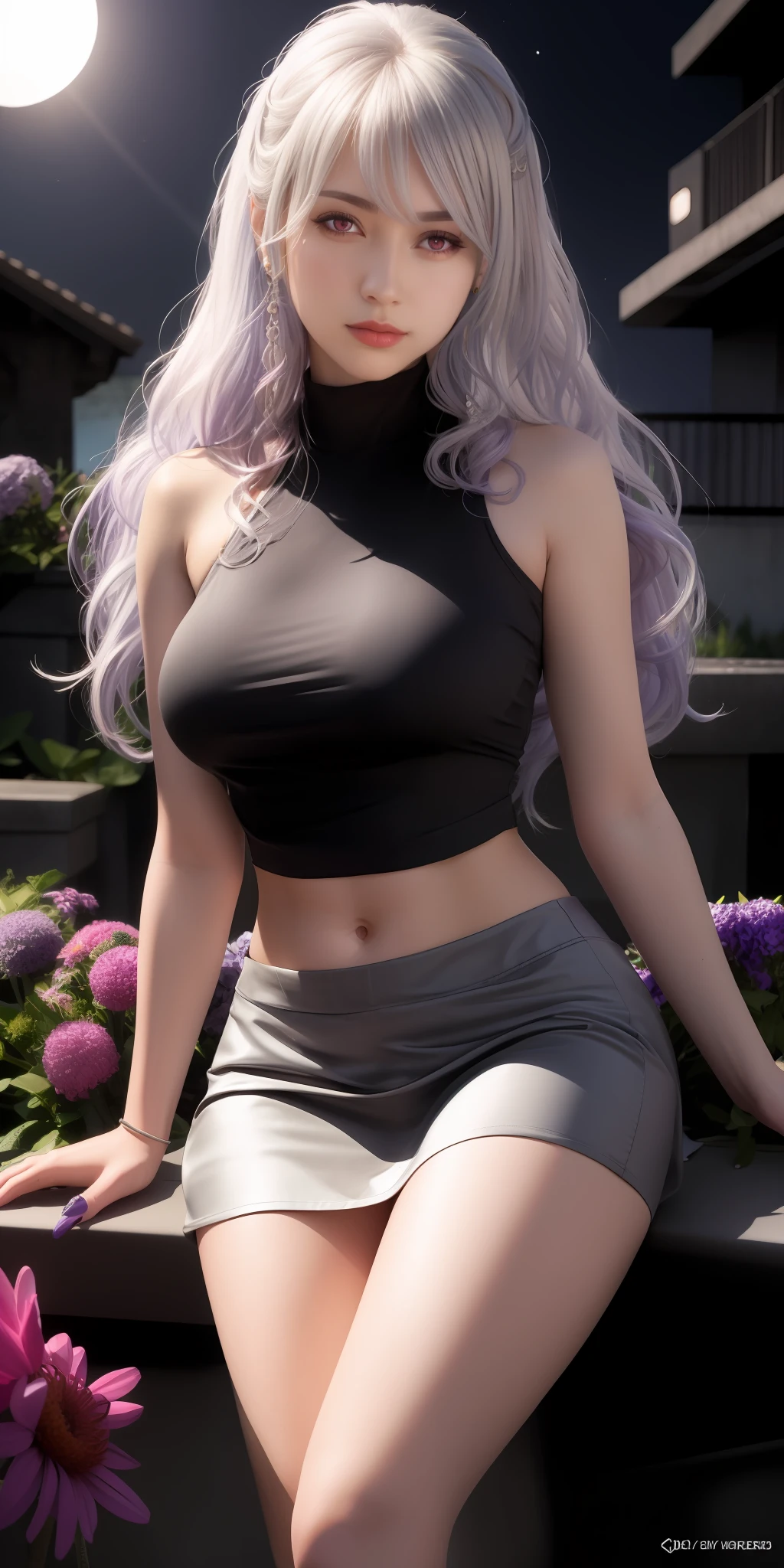 Realistic, 1girl, white hair, purple eyes, glowing eyes, cropped top, skirt, parted lips, blush, night, flowers, sun, sunlight, H-cuP big breasts