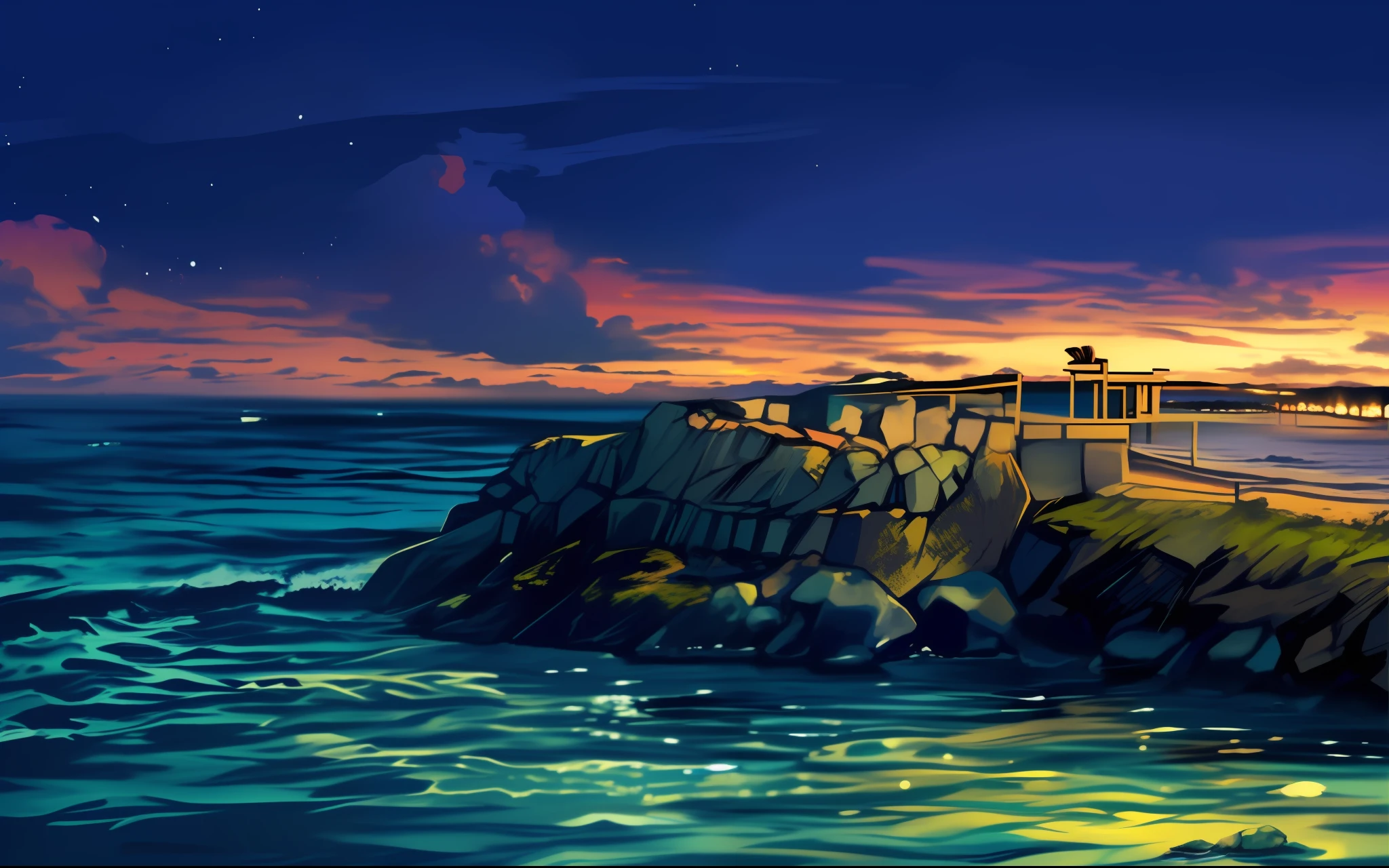 beach, beach water, night, rocks, seaside, color manga, manga color, color manga, color manga panel, simple background