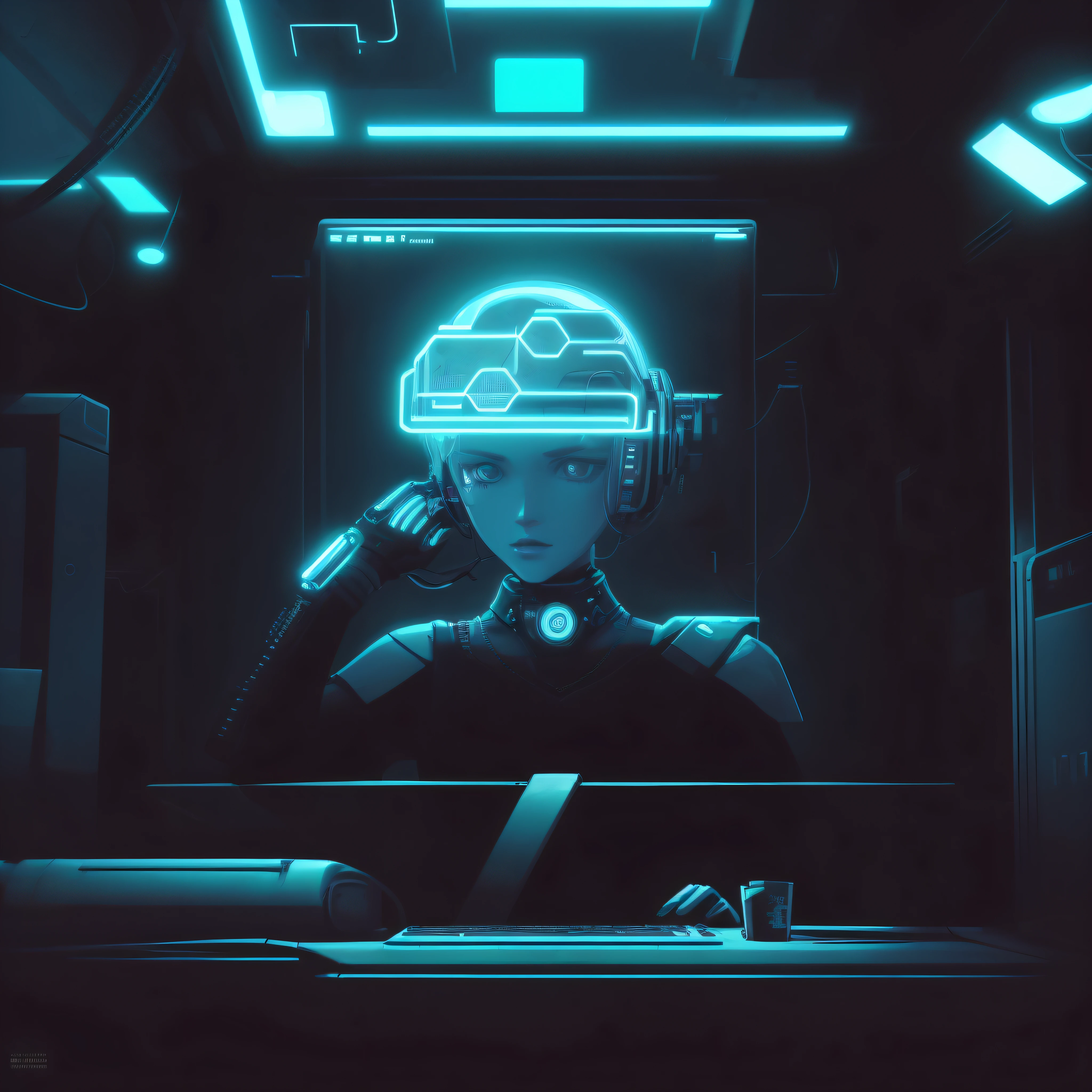 (Masterpiece), ((high quality)), A computer with the image of a futuristic digital woman in the room, looking at the user, looking forward, countenance of who is asking a question, the surrounding environment is a CPD room, in a data center room, room with futuristic technology equipment, and a neon light, cyberpunk art style, dark cyberpunk illustration, cyberpunk illustration, sci-fi digital art illustration, cyberpunk digital art, detailed cyberpunk illustration, cyberpunk art style, cyberpunk style, advanced cyberpunk art, portrait of a cyberpunk machine, cyberpunk vibes, cyberpunk theme art, cyberpunk aesthetic, has cyberpunk style